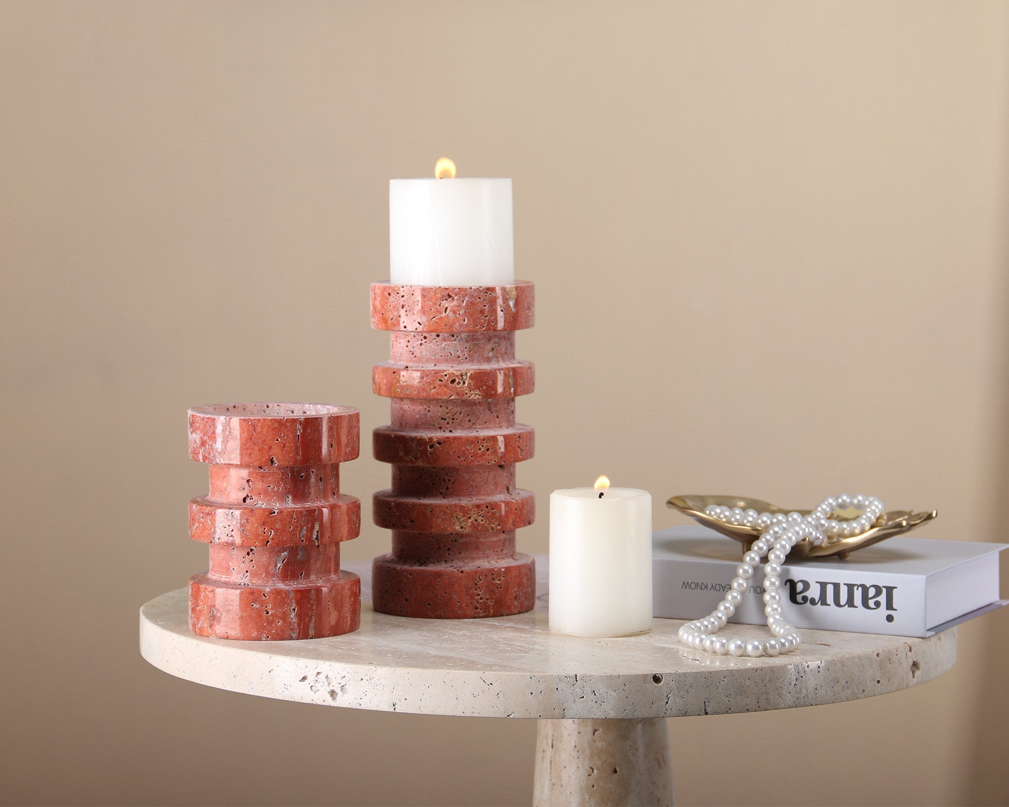 Crimson Rise Red Travertine Candle Holder Small