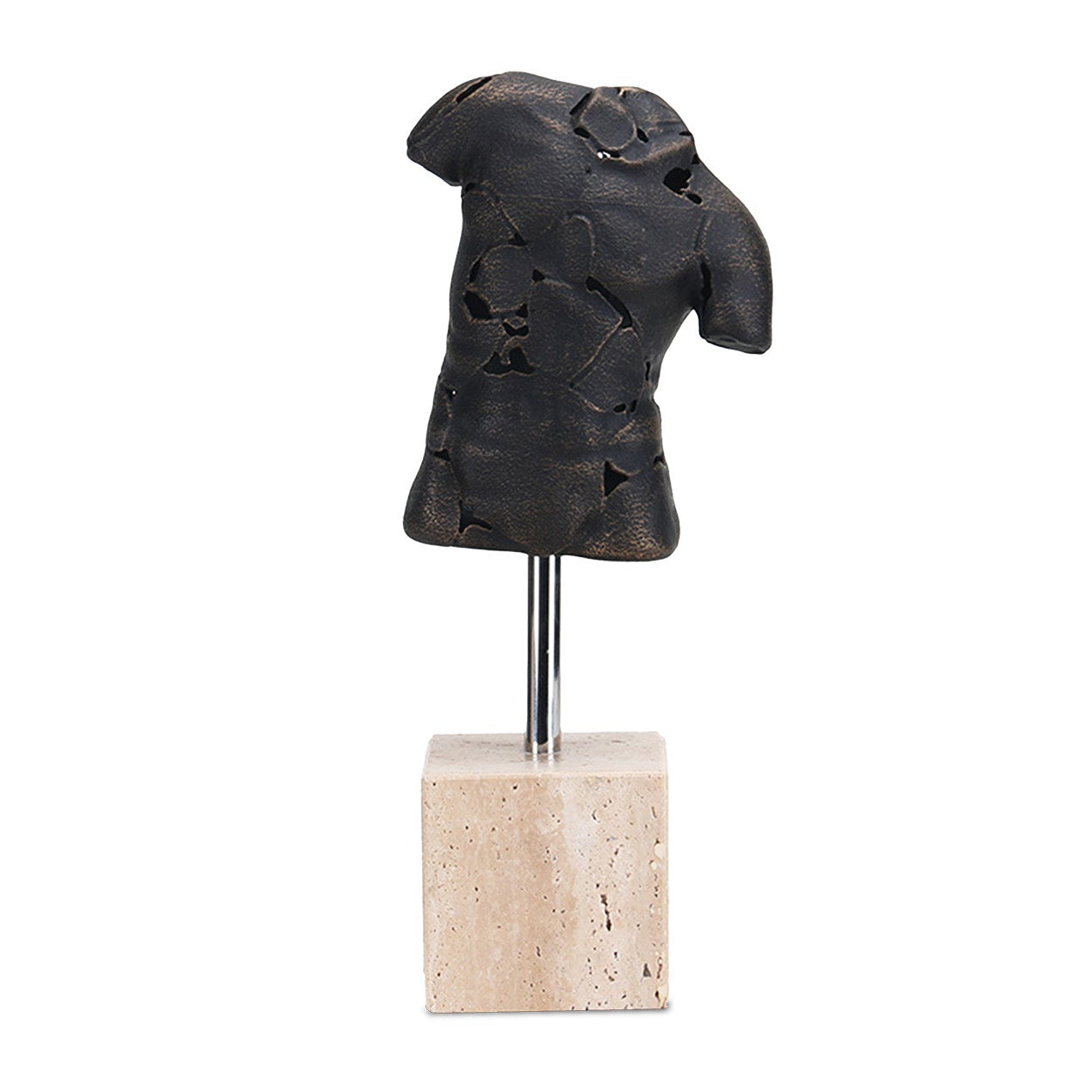 Scarred Elegance Dark Bronze & Beige Travertine Sculpture