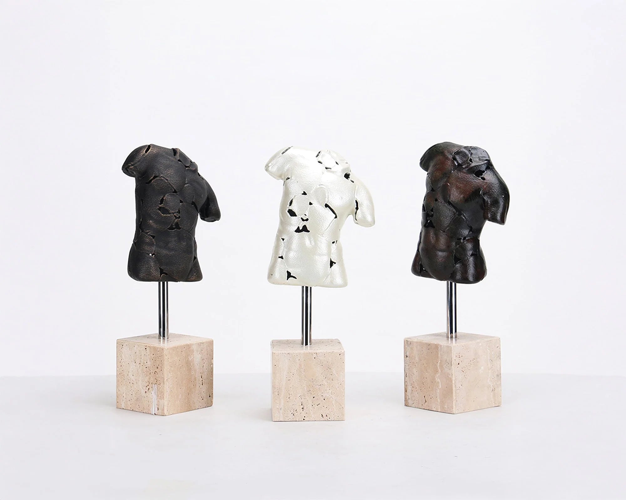Scarred Elegance Dark Bronze & Beige Travertine Sculpture
