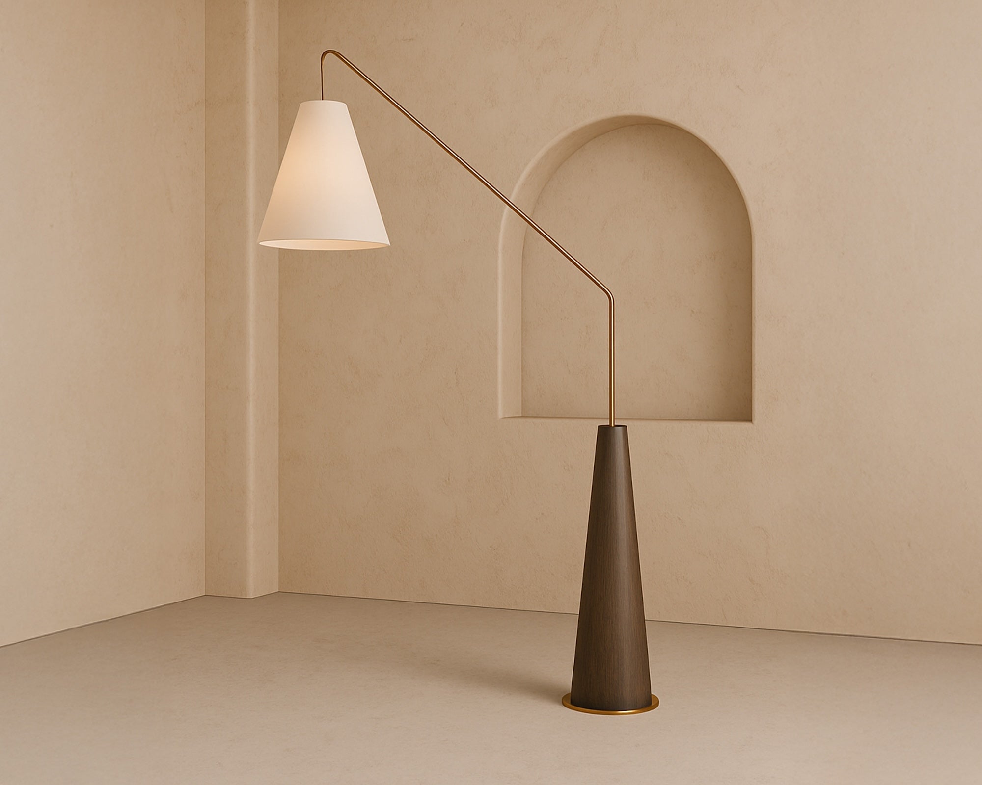 Brandon Floor Lamp - Dark Brown Oak & White Linen Shade