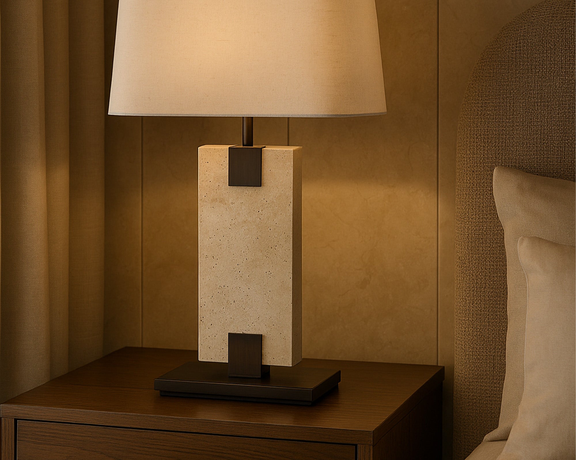 Madison Table Lamp - Travertine & Off White Linen