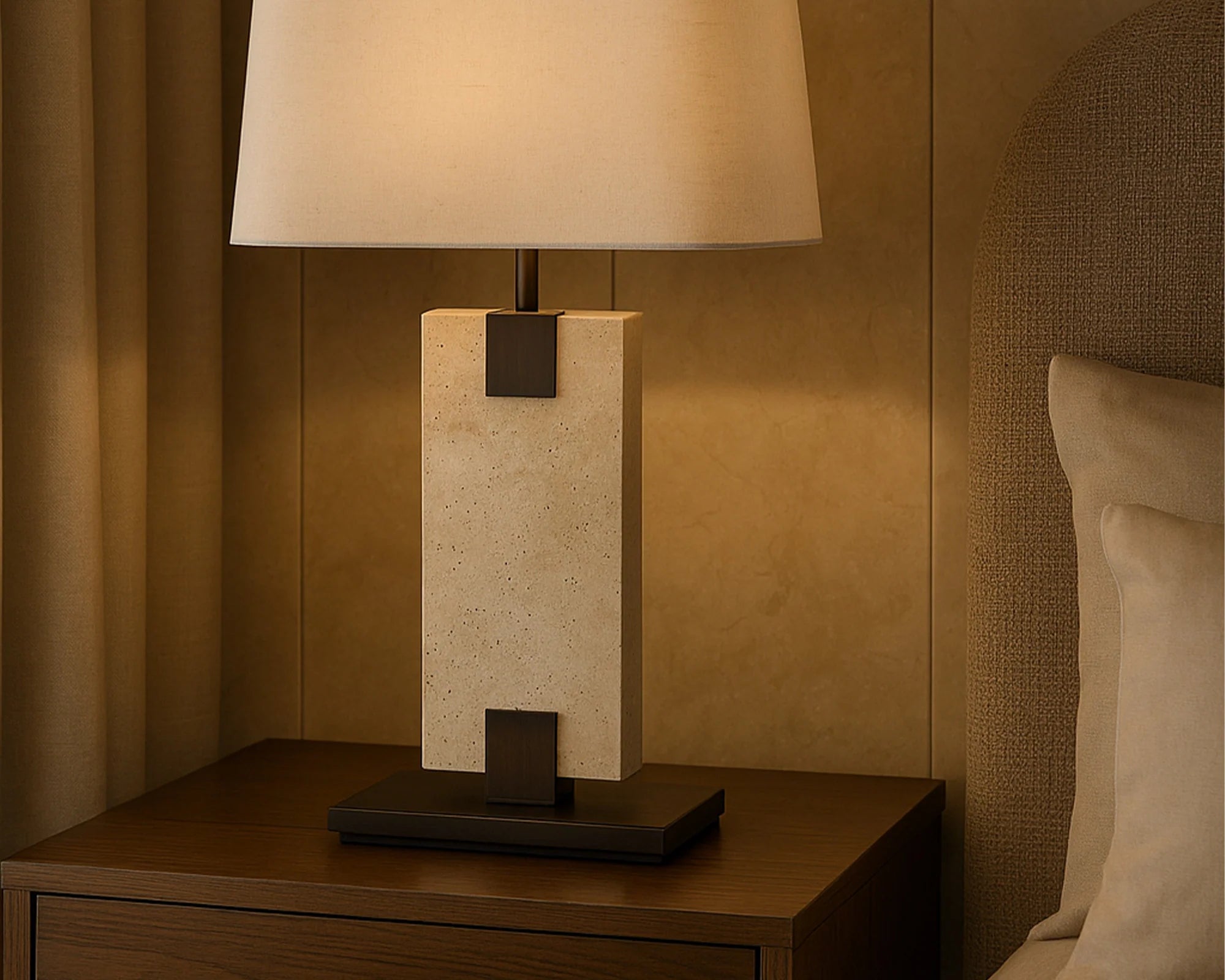 Madison Travertine & Off White Linen Table Lamp
