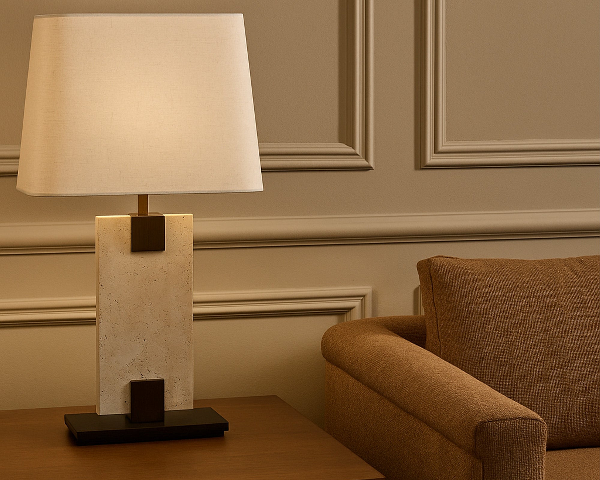 Madison Table Lamp - Travertine & Off White Linen