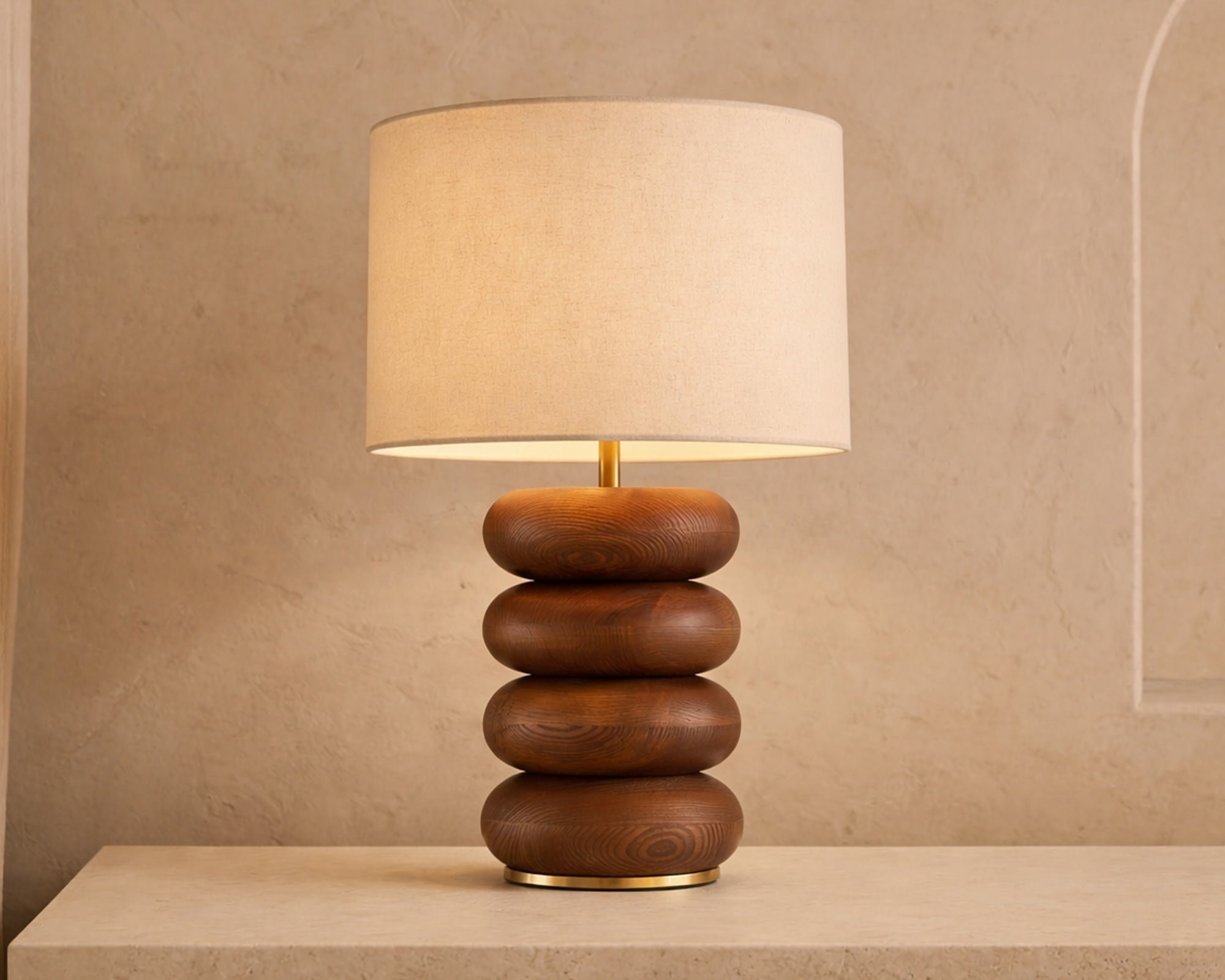 Dalt Table Lamp - Mid Brown Oak & Beige Linen Shade