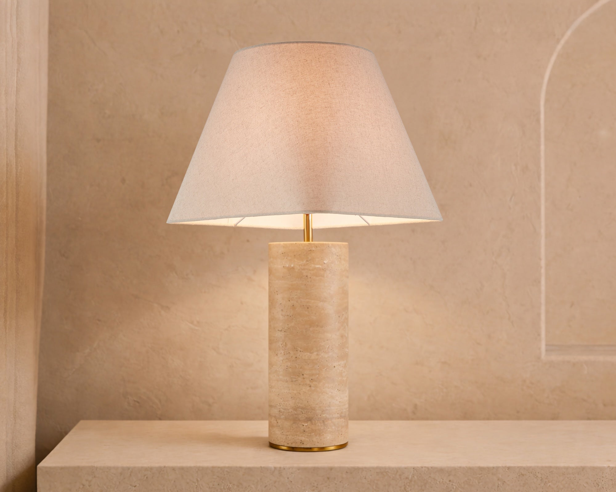 Corina Table Lamp - Travertine Marble & Beige Linen Shade