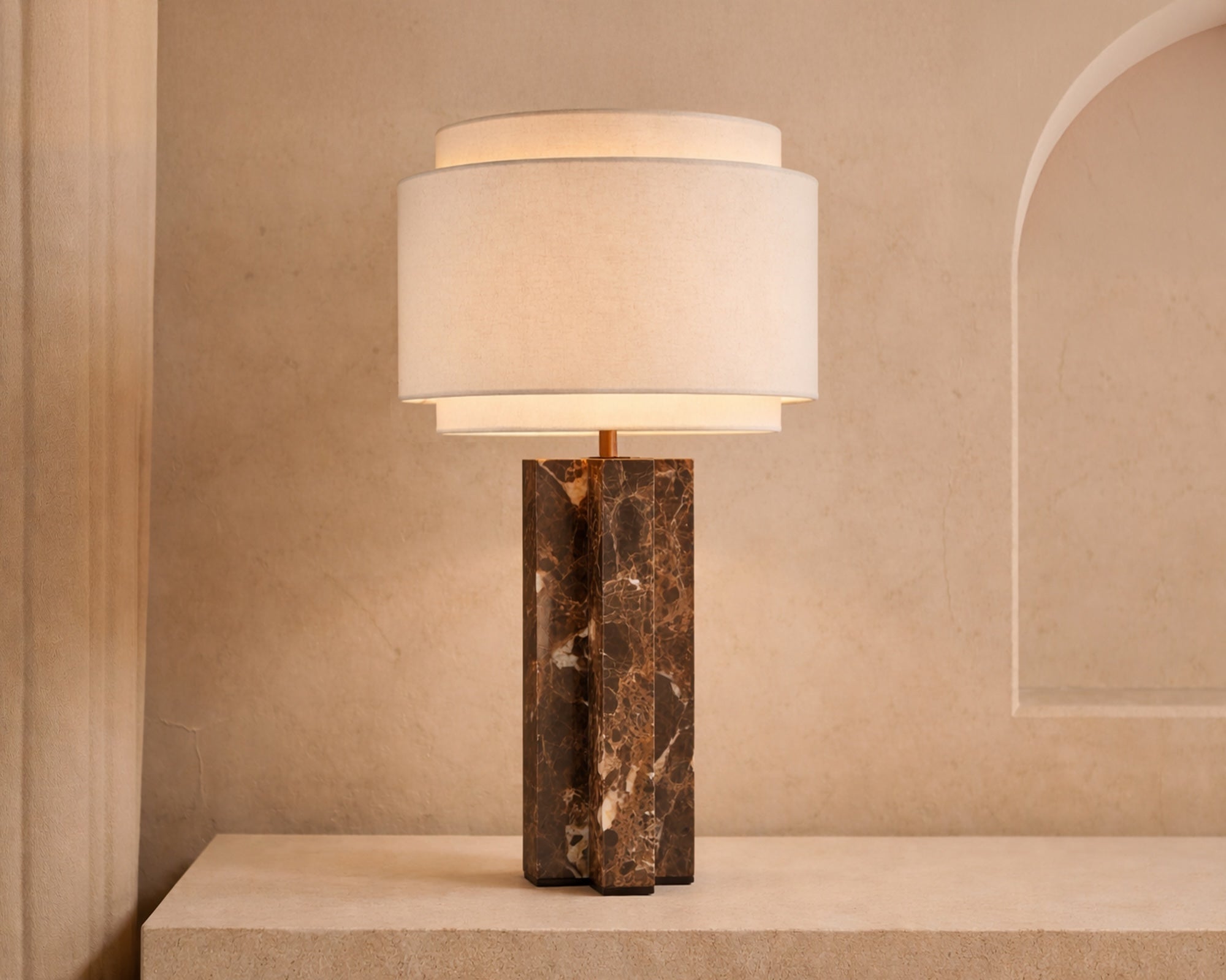 Asos Table Lamp - Brown Emperador Marble & Light Beige Linen Shade