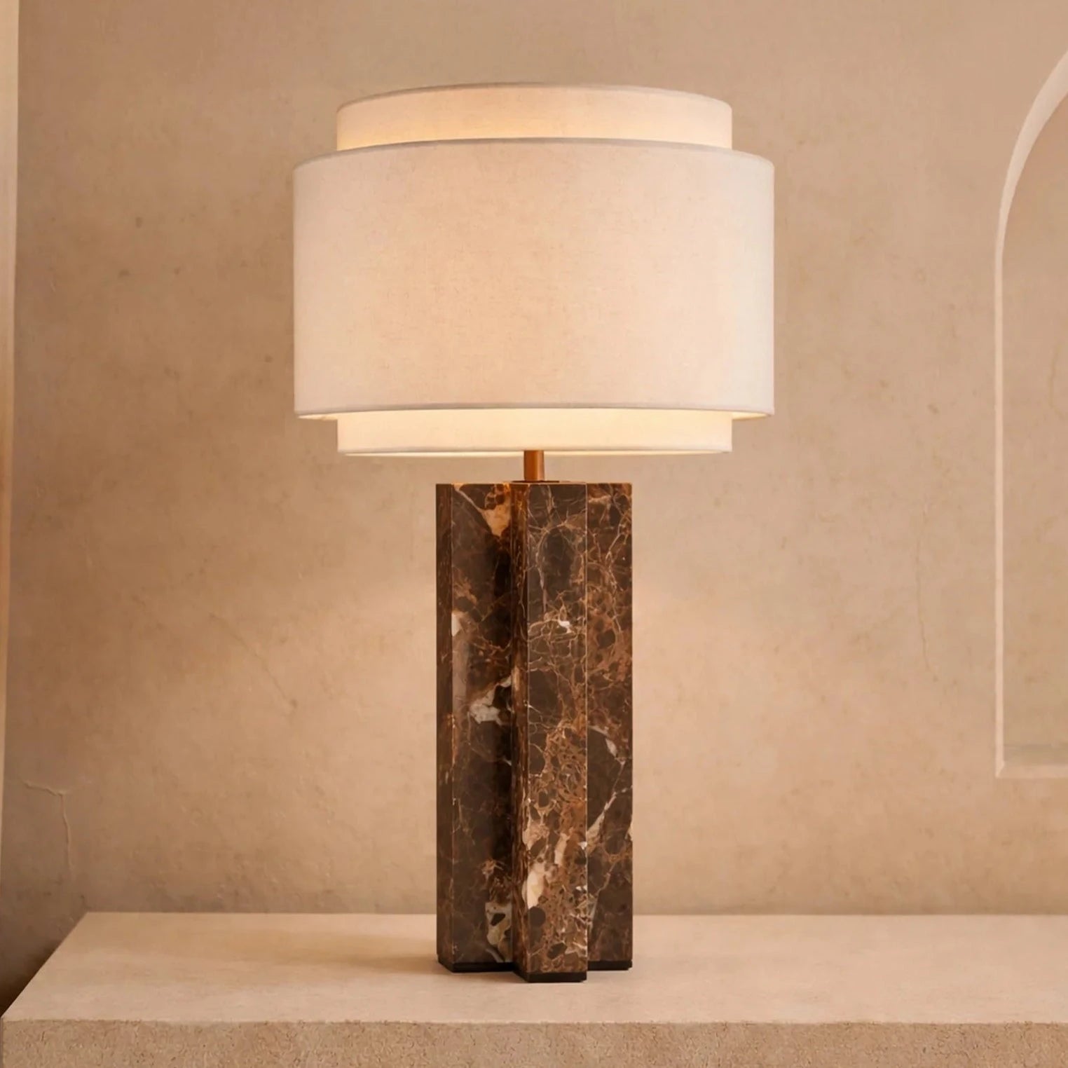 Asos Brown Emperador Marble & Light Beige Textured Linen Shade Table Lamp