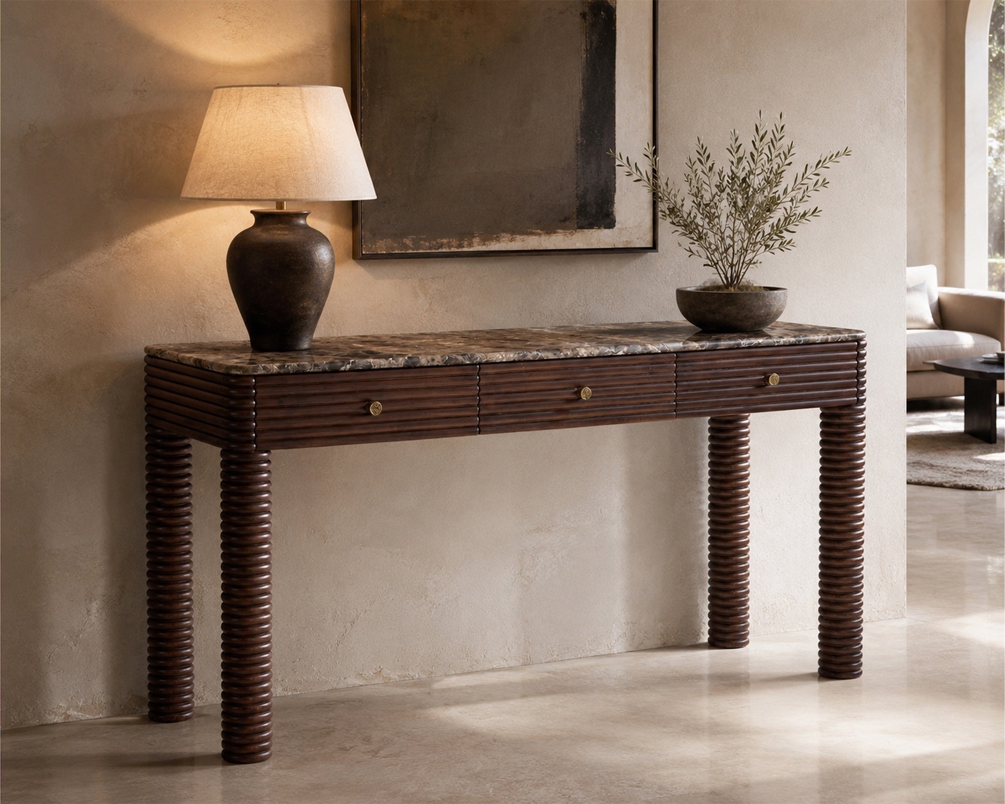 Allure Desk - Dark Brown Emperador Marble & Brushed Mid Brown Textured Acacia Wood