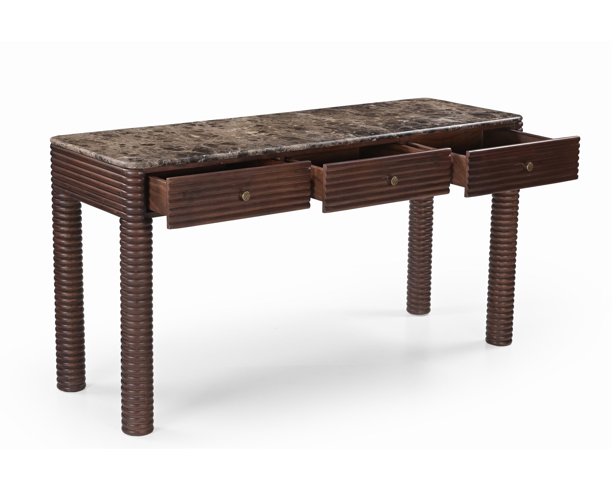 Allure Desk - Dark Brown Emperador Marble & Brushed Mid Brown Textured Acacia Wood