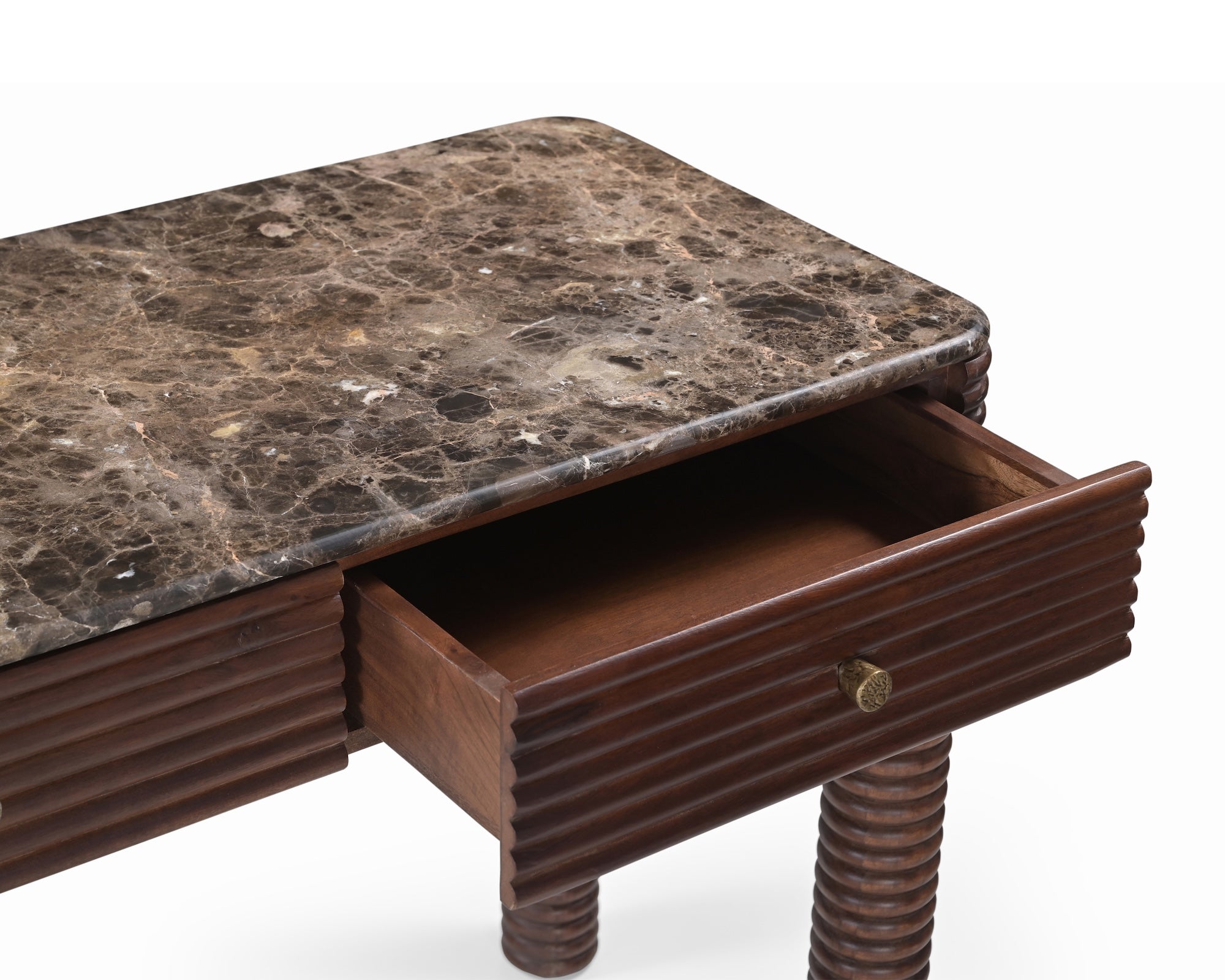 Allure Desk - Dark Brown Emperador Marble & Brushed Mid Brown Textured Acacia Wood