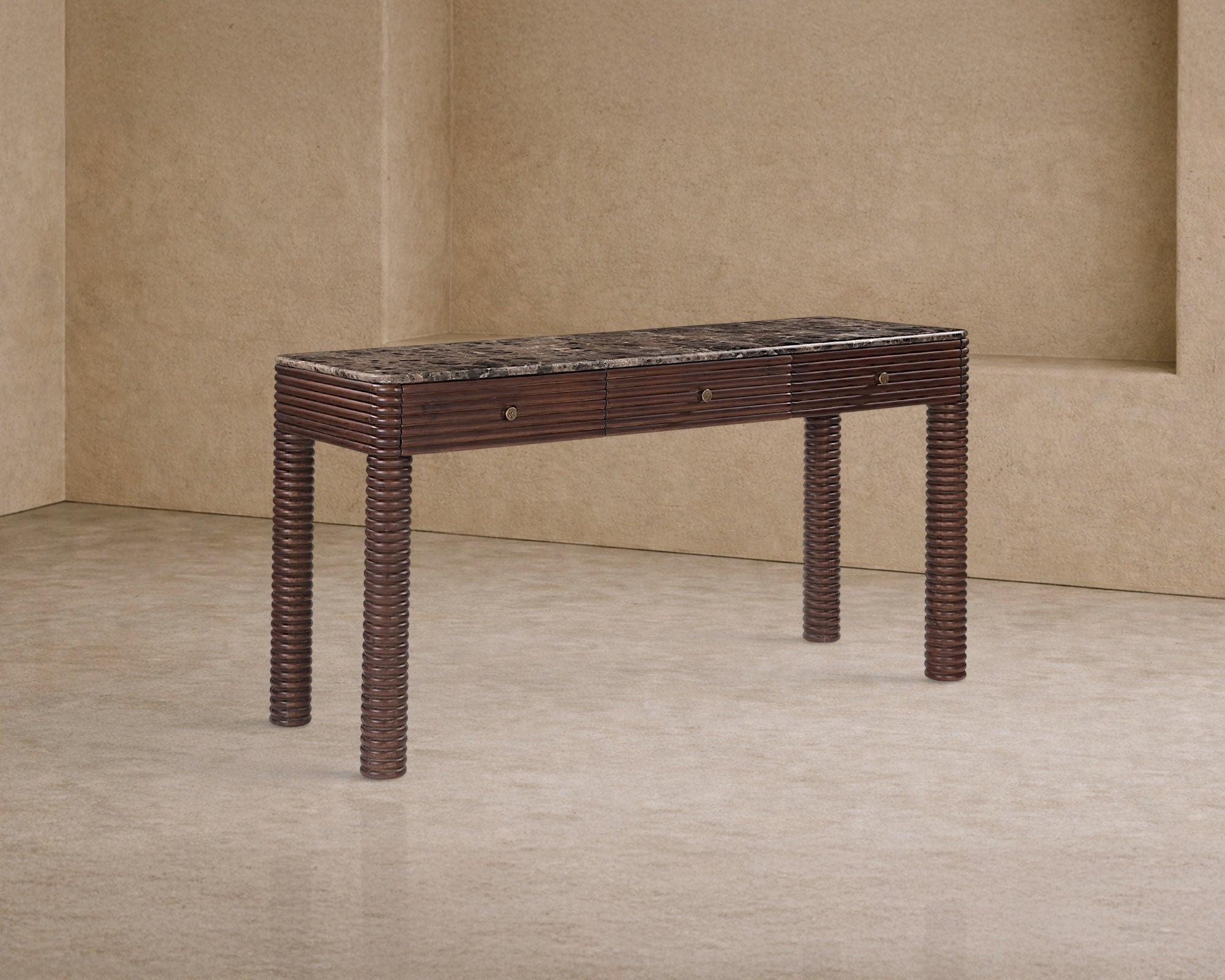 Allure Desk - Dark Brown Emperador Marble & Brushed Mid Brown Textured Acacia Wood