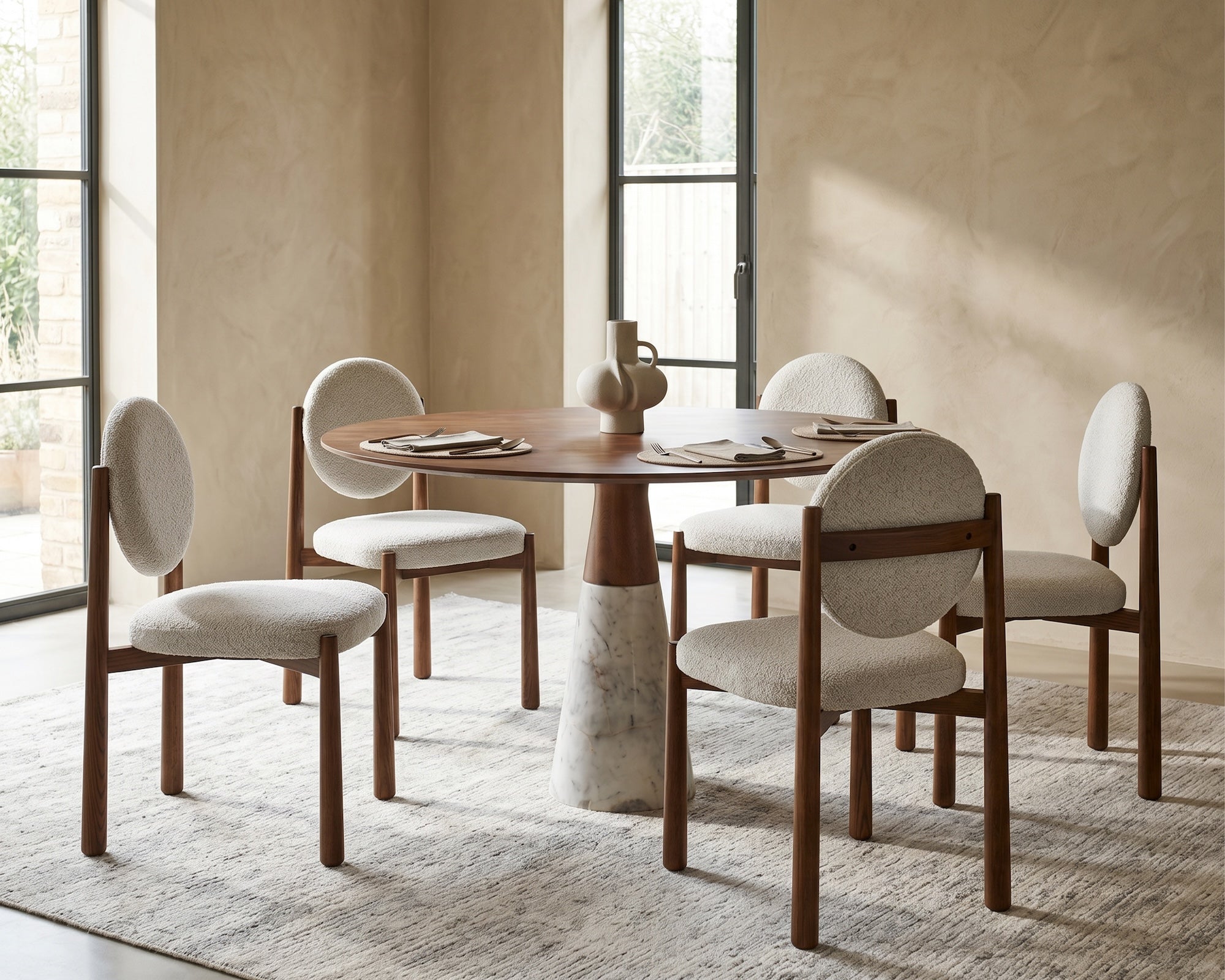 Annie Dining Table - Brushed Mid Brown Wood & Natural White Marble