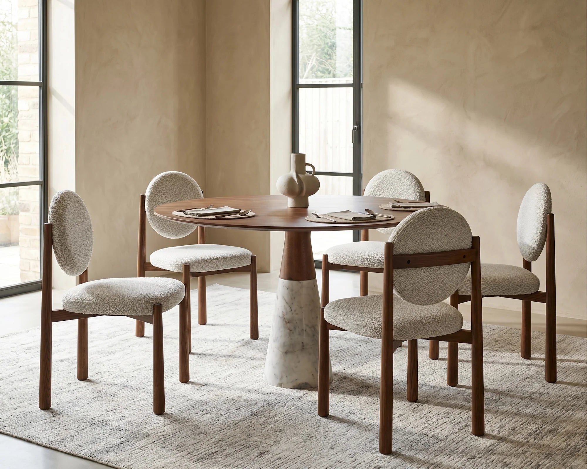 Annie Brushed Mid Brown Wood & Natural White Marble Dining Table