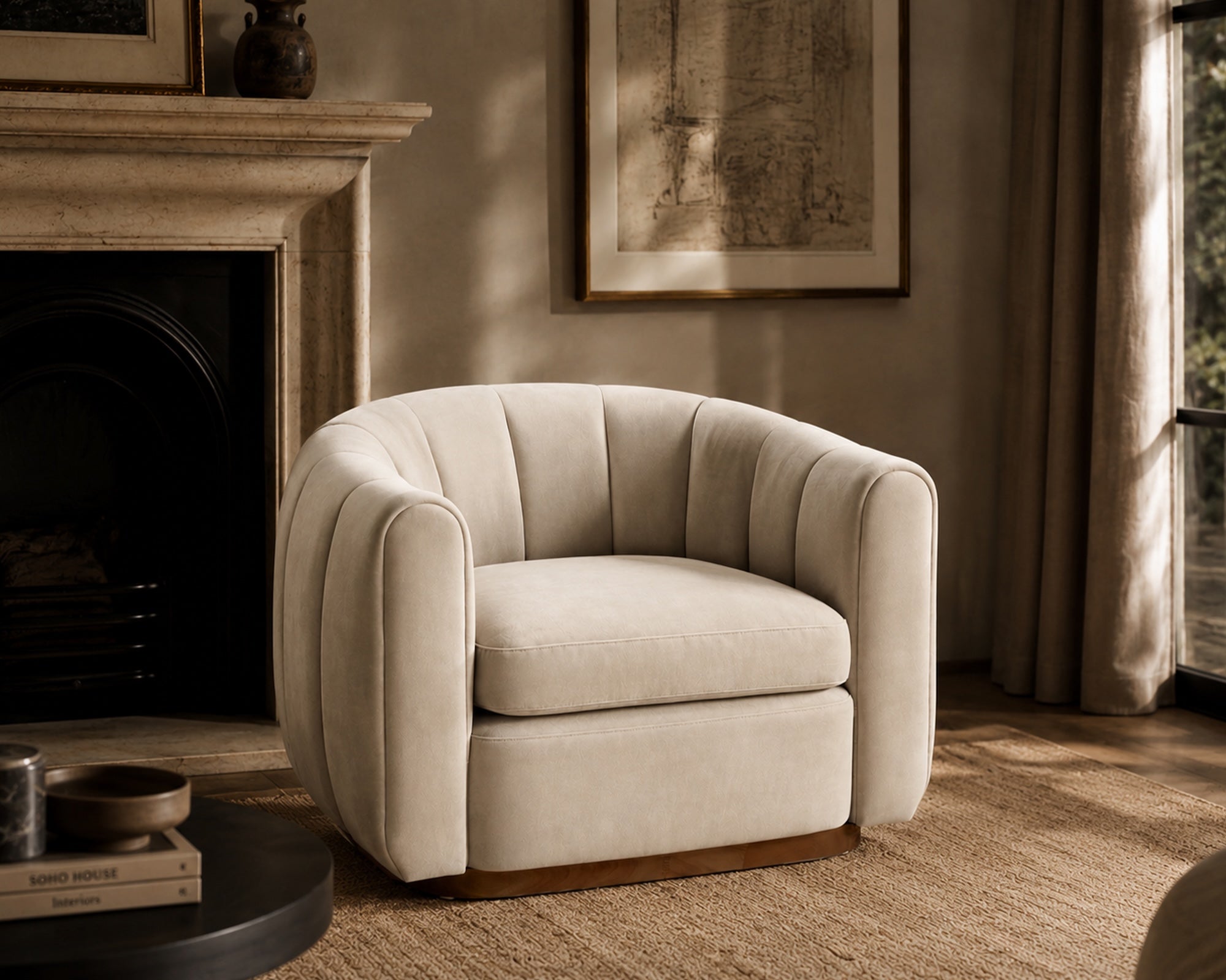 Arles Armchair - Melbourne Stone Velvet & Walnut
