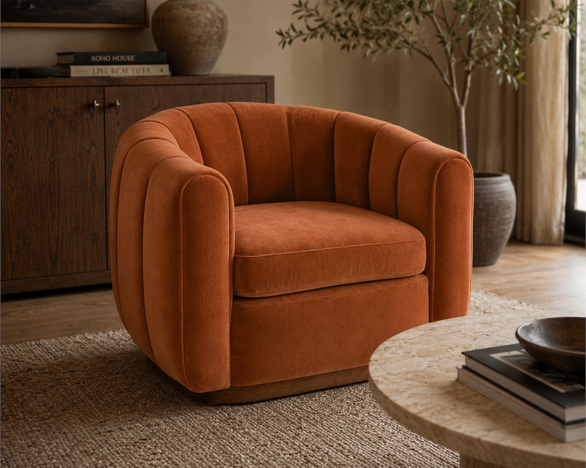 Arles Armchair - Melbourne Clay Velvet & Natural Wood