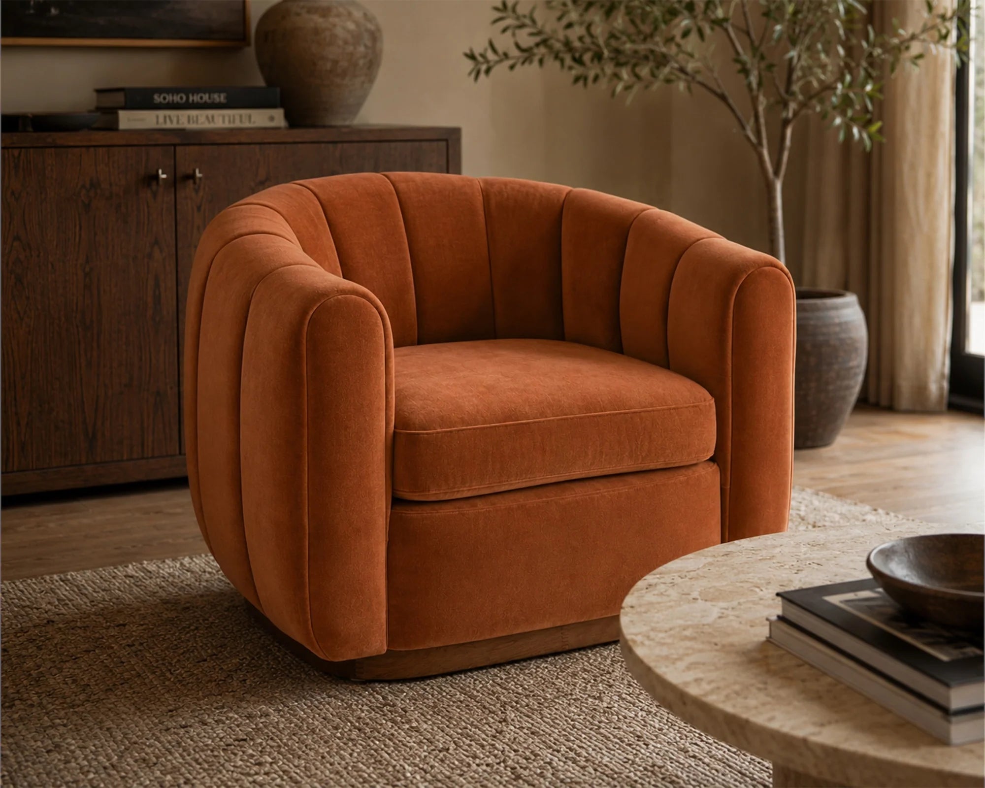 Arles Melbourne Clay Velvet & Natural Wood Armchair