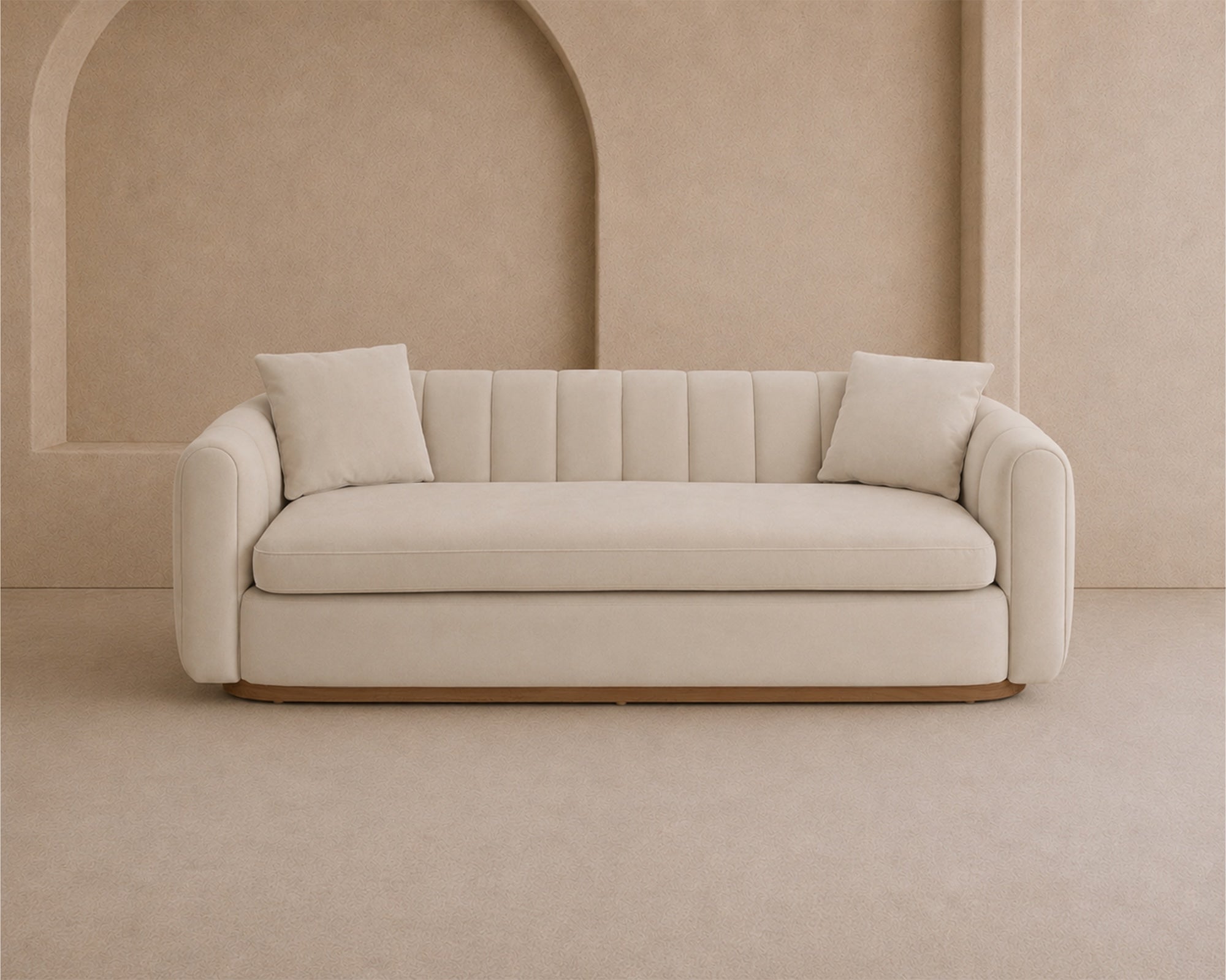 Arles 3 Seater Sofa - Melbourne Stone Velvet & Natural Wood
