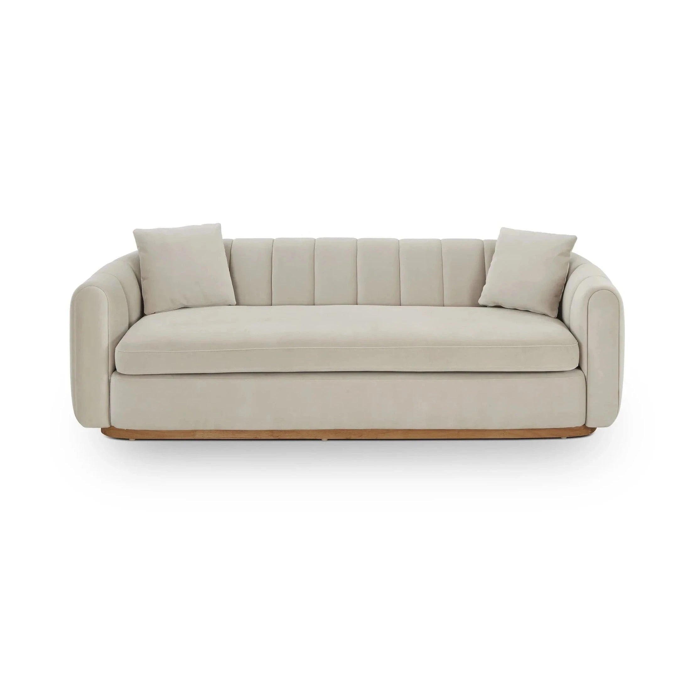 Arles Melbourne Stone Velvet & Natural Wood 3 Seater Sofa