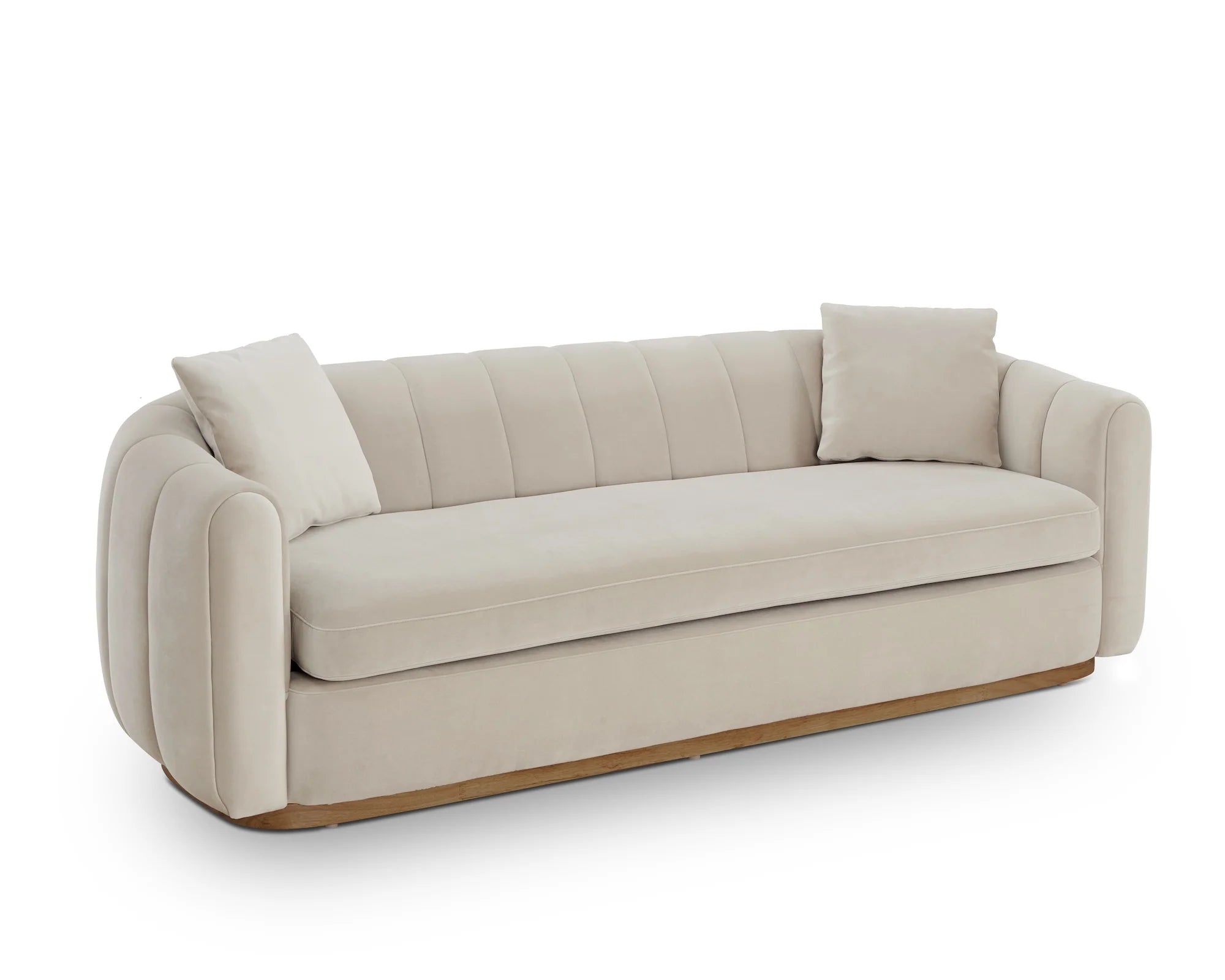 Arles Melbourne Stone Velvet & Natural Wood 3 Seater Sofa