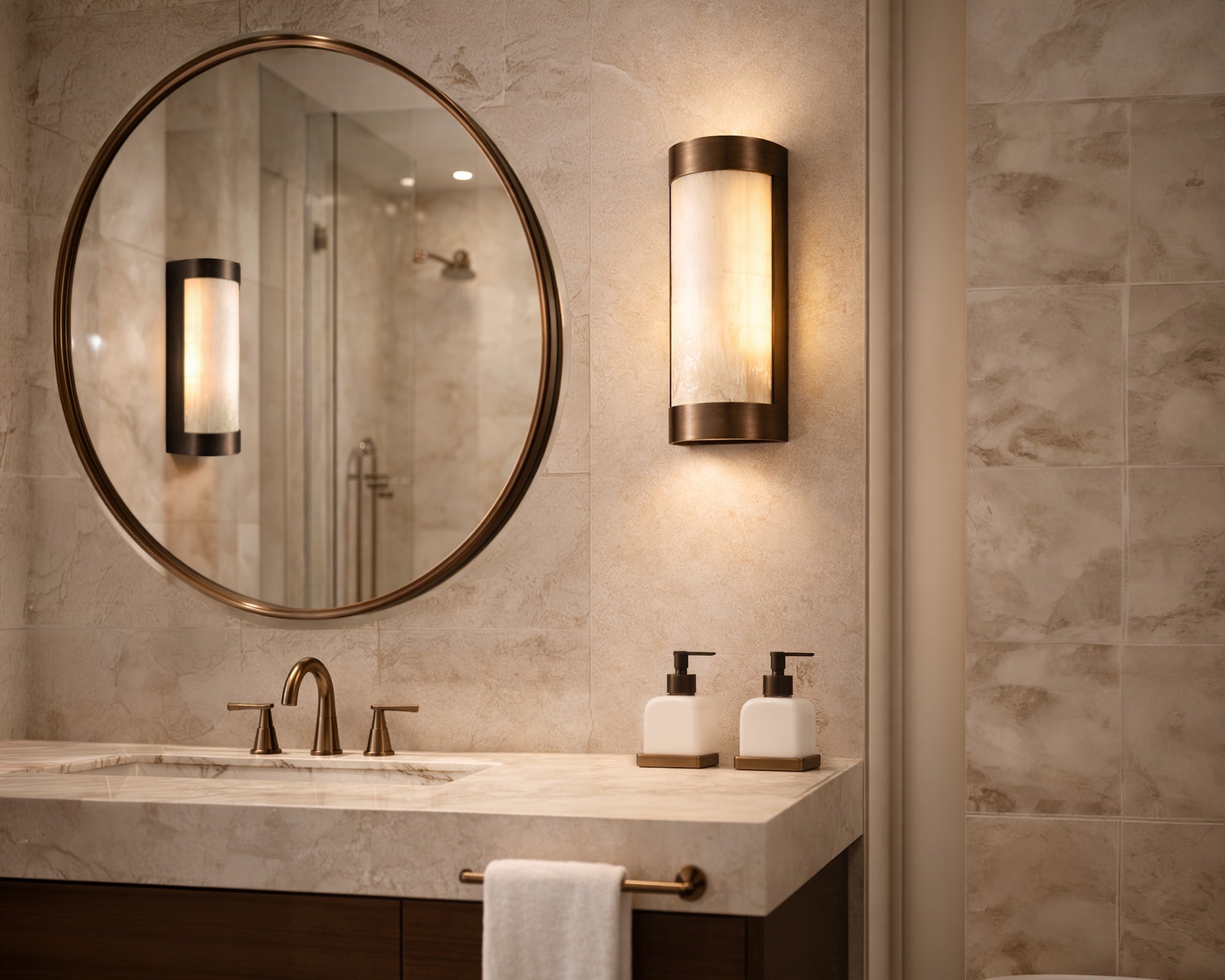 Vetra IP44 Wall Light - Natural Selenite Glass & Brushed Bronze