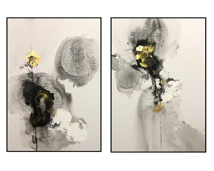 Set of 2 Caravelle Beige & Black & Gold Hand-Painted Canvas Wall Art