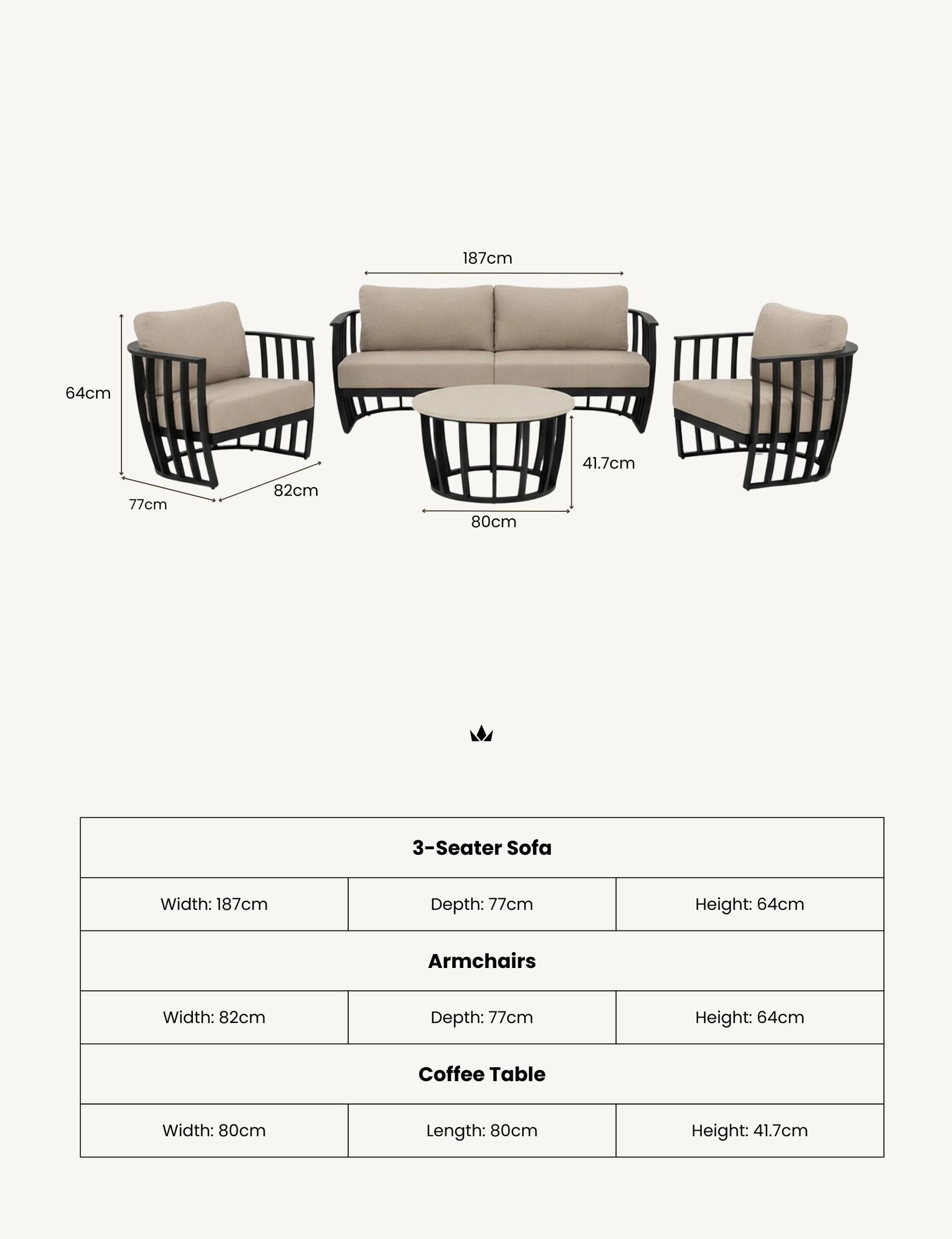 Senna 5 Seater Black Aluminium Lounging Set with Coffee Table
