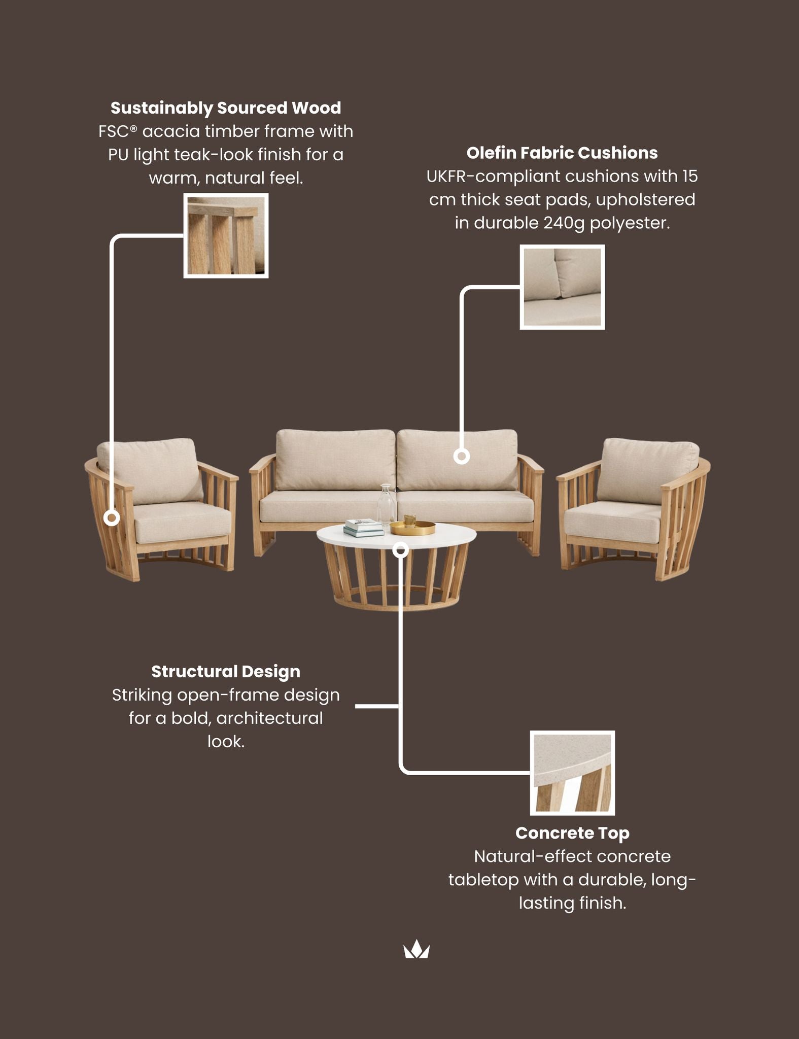 Senna 5 Seater Wood Lounging Set with Coffee Table