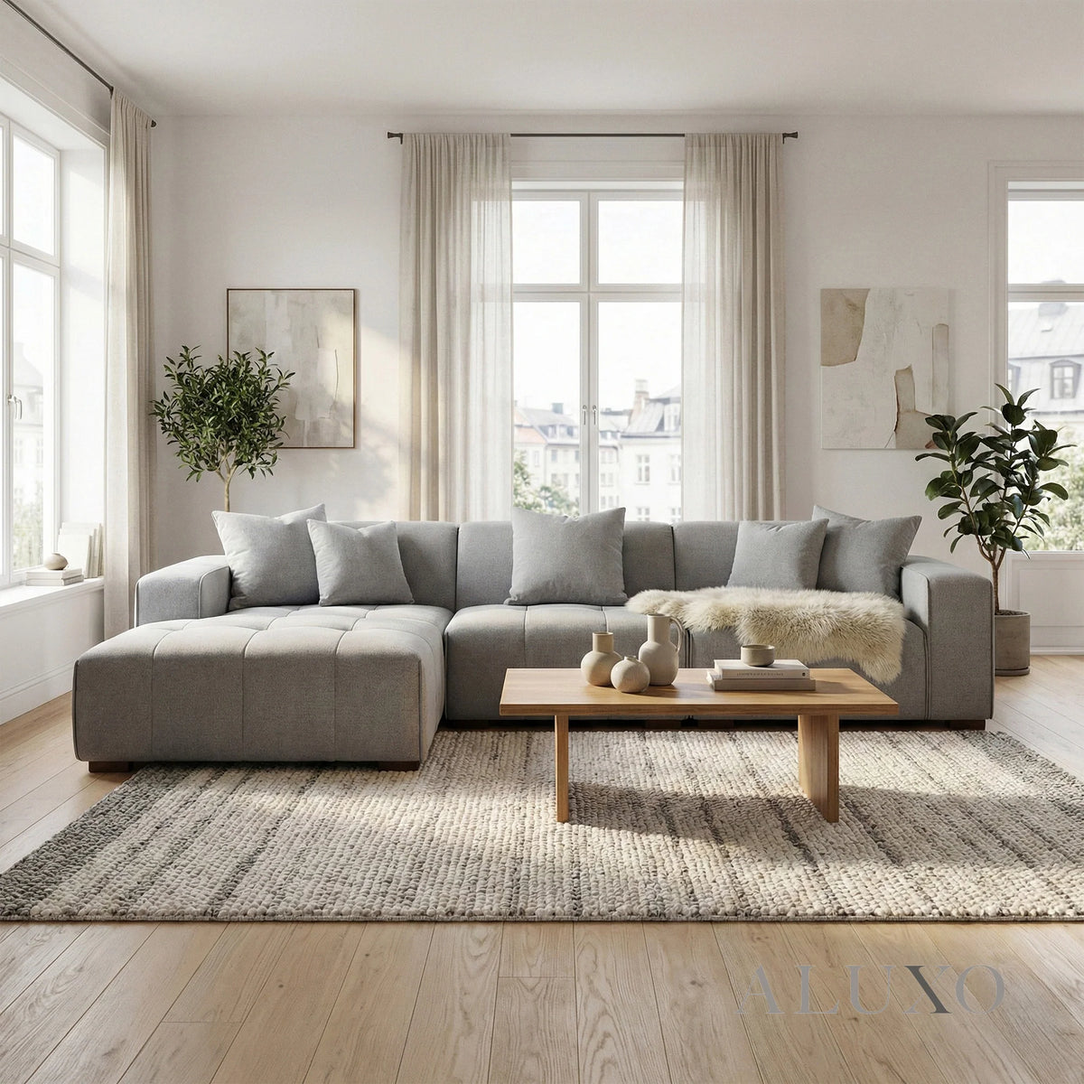 Aluxo Albert Cloudy Grey Boucle Left Hand Corner Sofa | 5 Seater