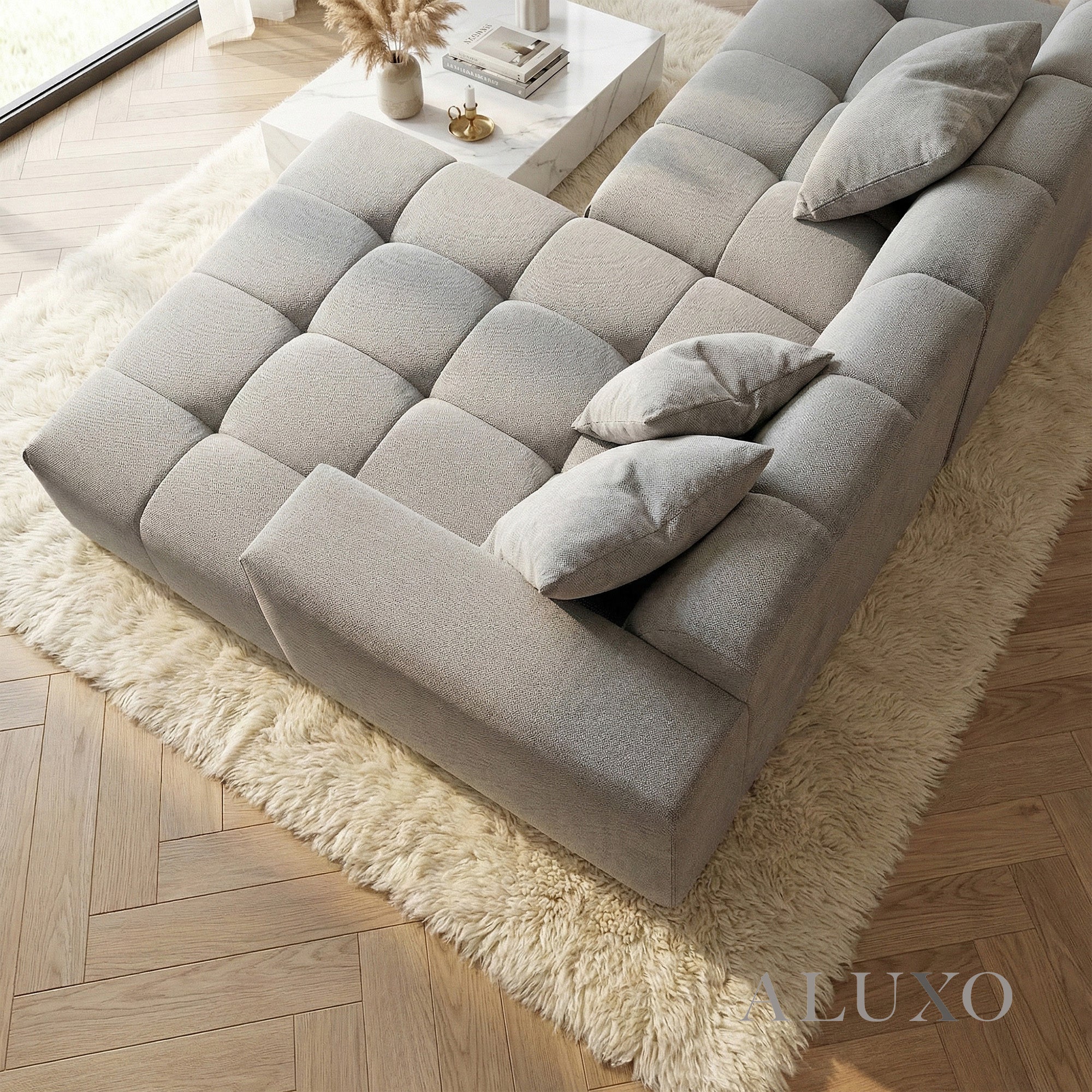 Aluxo Albert Cloudy Grey Boucle Right Hand Corner Sofa | 5 Seater