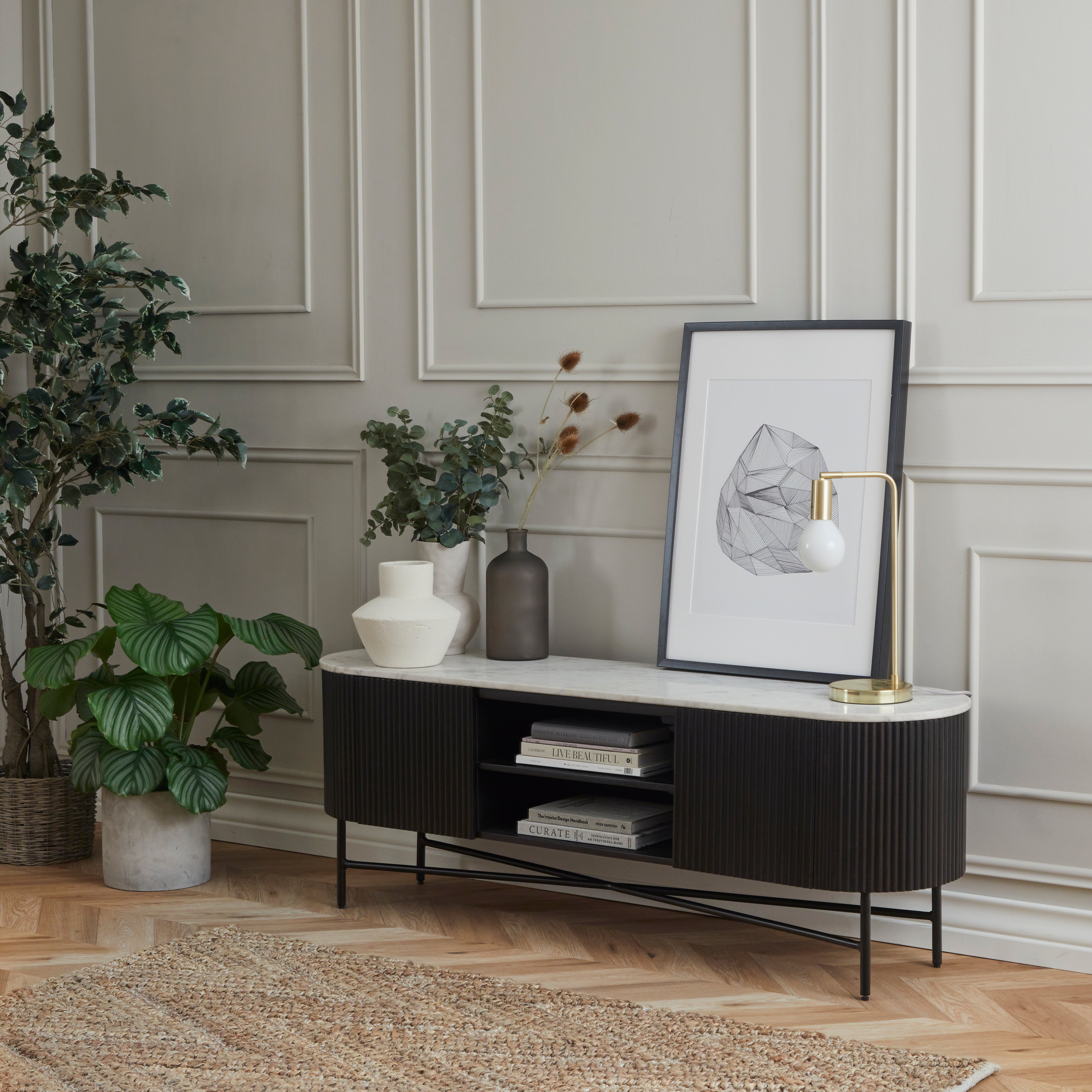 Hudson Black Ribbed Mango Wood & White Marble Large TV Unit