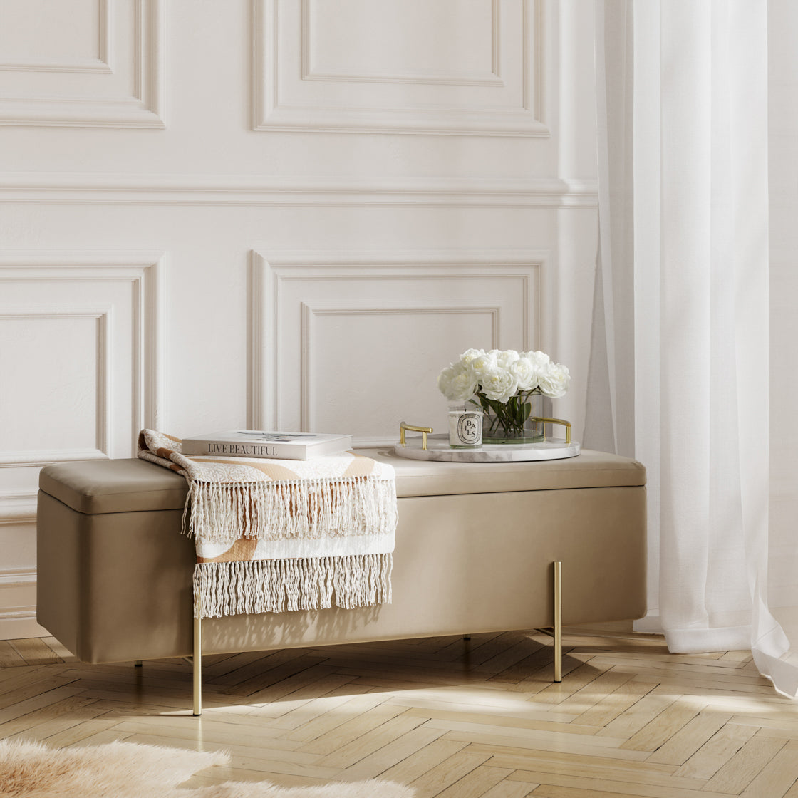 Lola Beige Velet & Brushed Gold Storage Ottoman