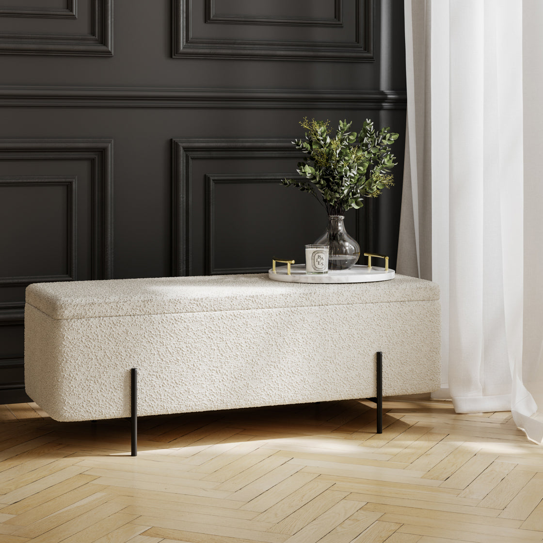 Lola Ivory White Boucle & Matte Black Storage Ottoman