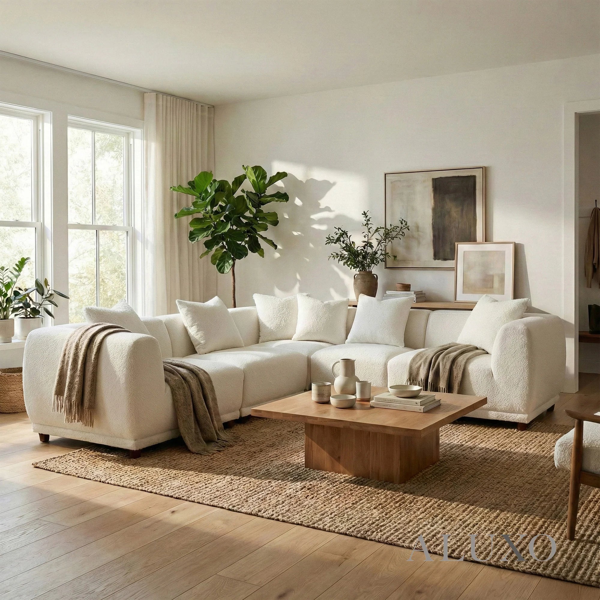 Aluxo Cindy Polar White Boucle Modular Corner Sofa | 5 Seater