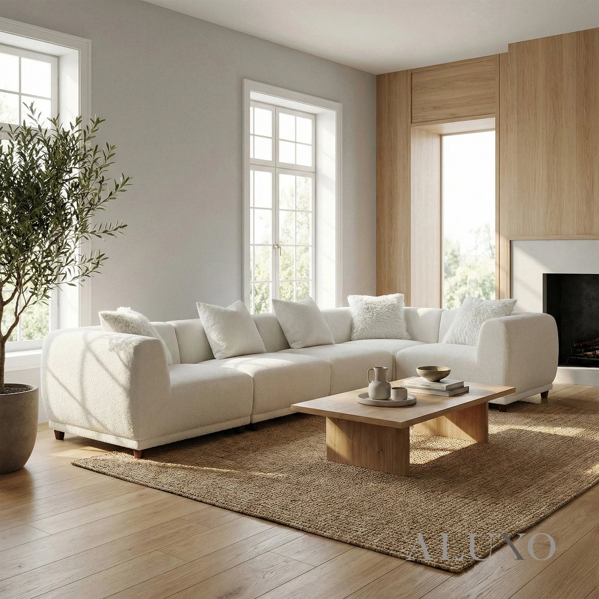 Aluxo Cindy Polar White Boucle Modular Corner Sofa | 5 Seater