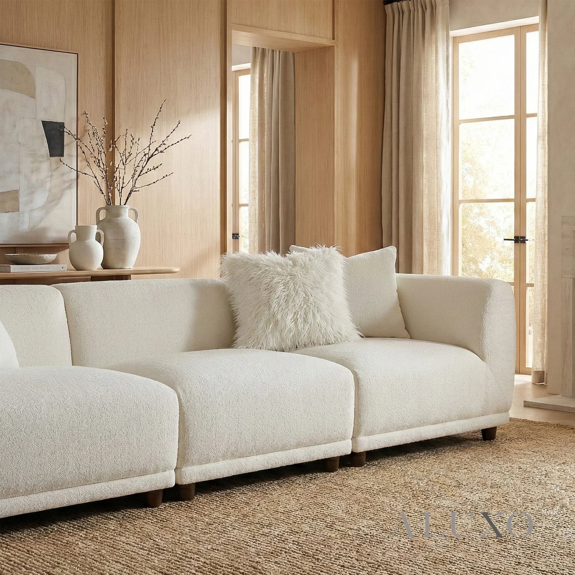 Aluxo Cindy Polar White Boucle Modular Corner Sofa | 5 Seater