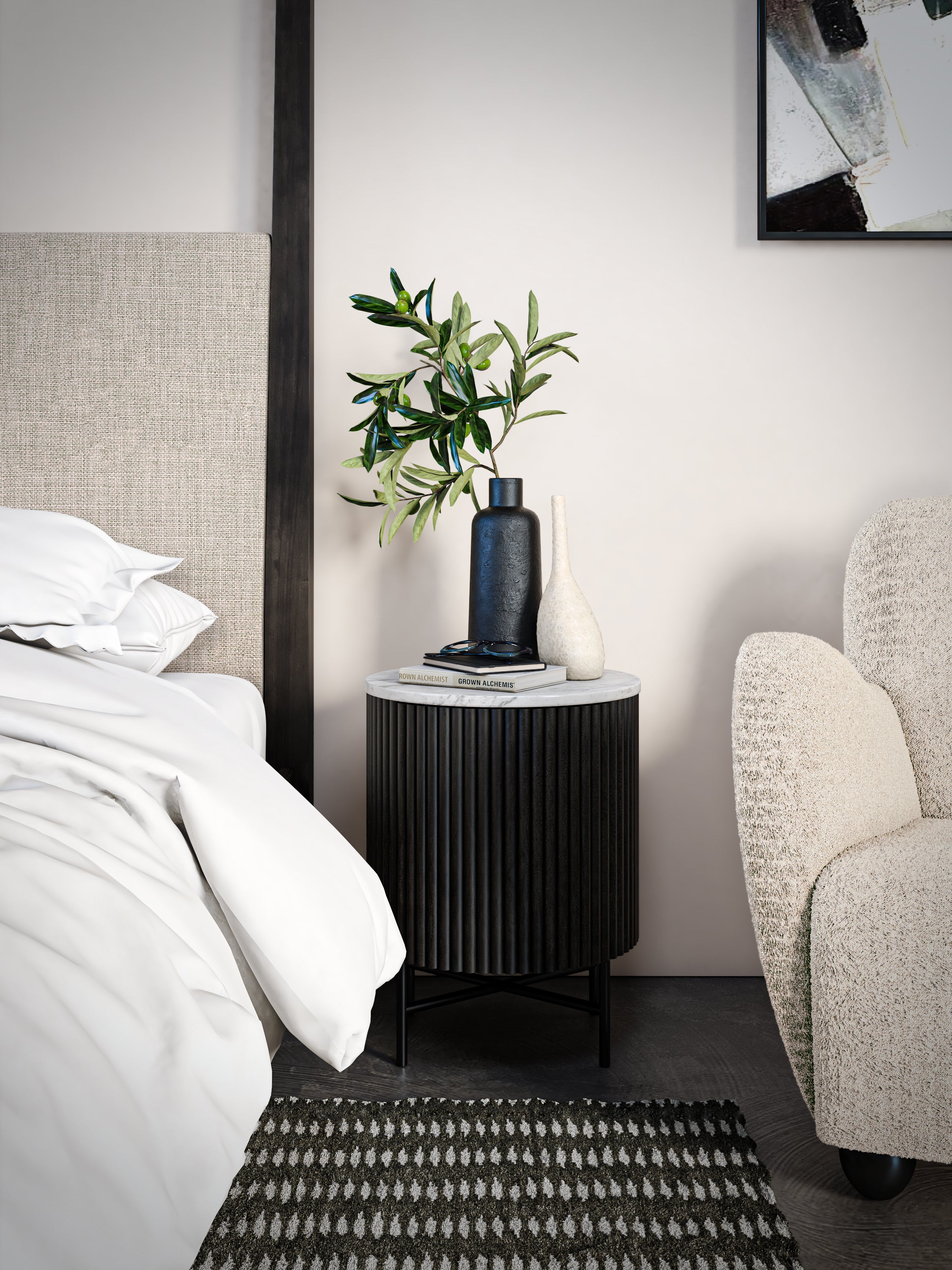 Hudson Black Ribbed Mango Wood & White Marble Side Table