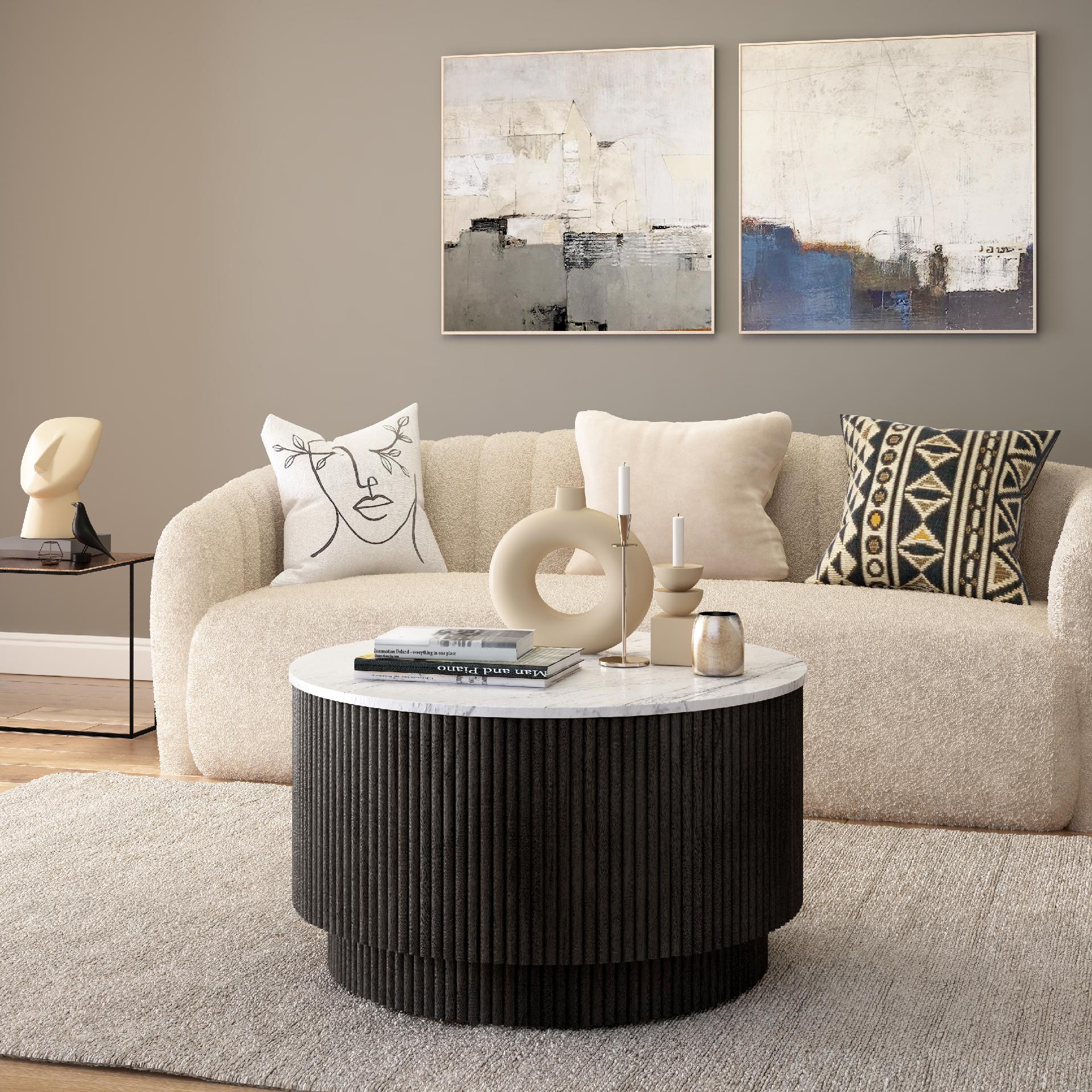 Hudson Black Ribbed Mango Wood & White Marble Round Coffee Table