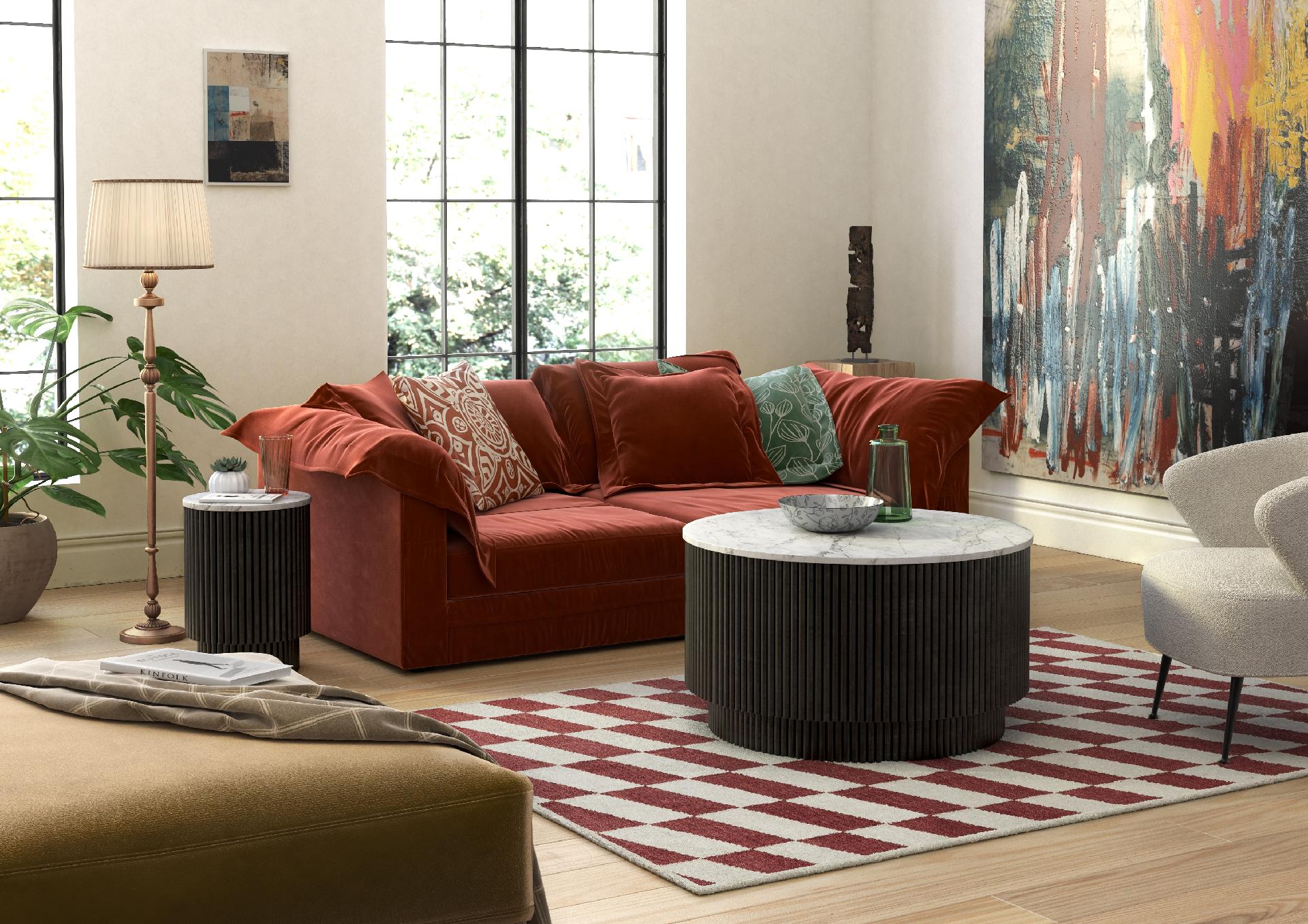 Hudson Black Ribbed Mango Wood & White Marble Round Coffee Table