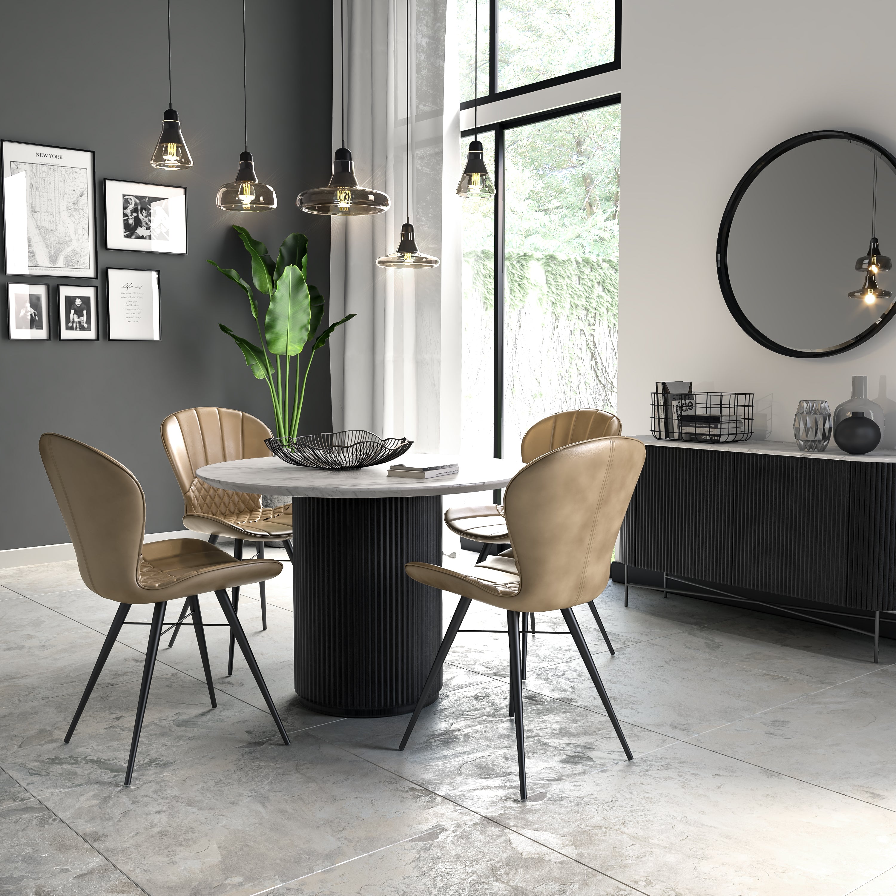 Hudson Black Ribbed Mango Wood & White Marble Round Dining Table Marble Top