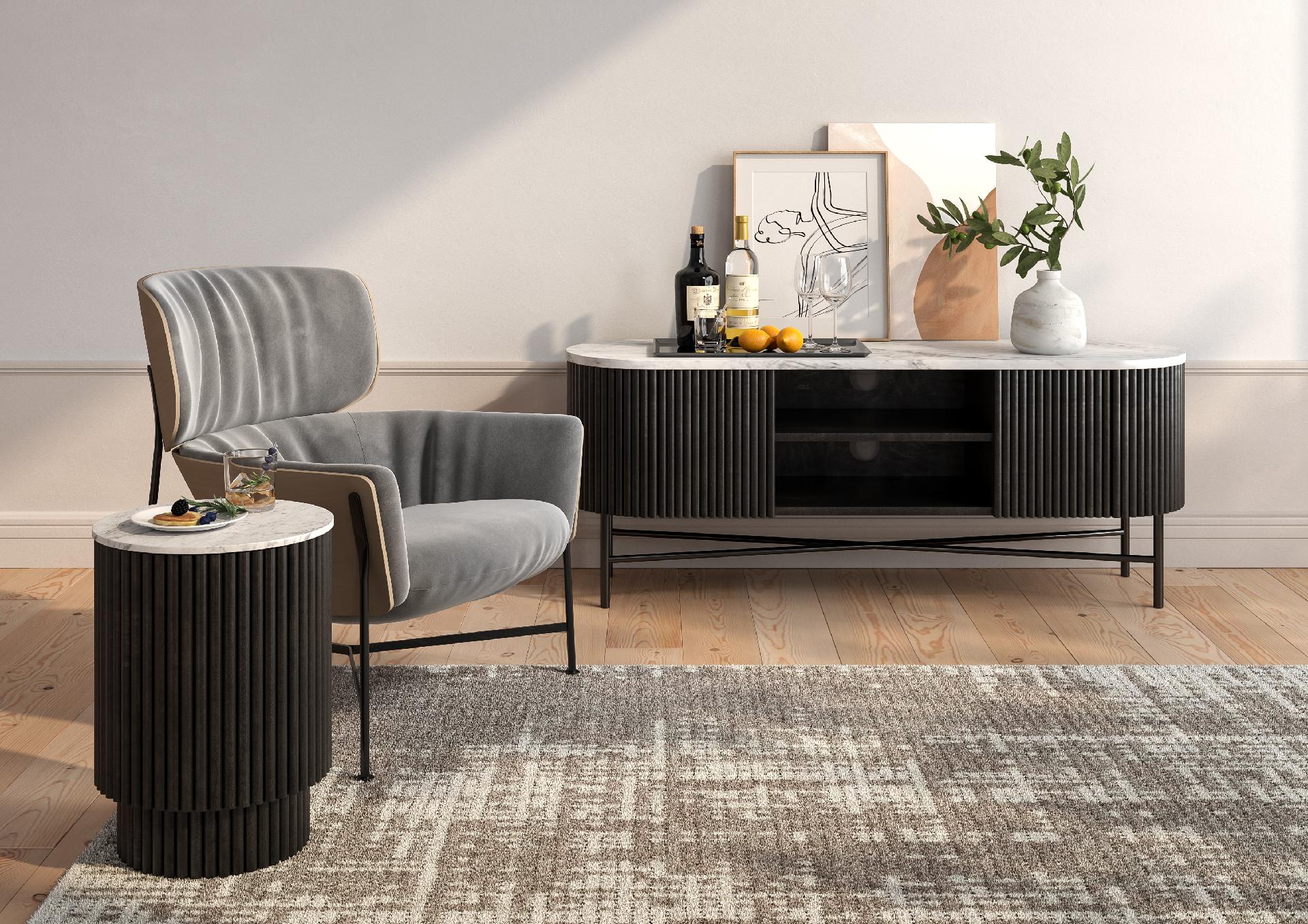Hudson Black Ribbed Mango Wood & White Marble Side Table with Door