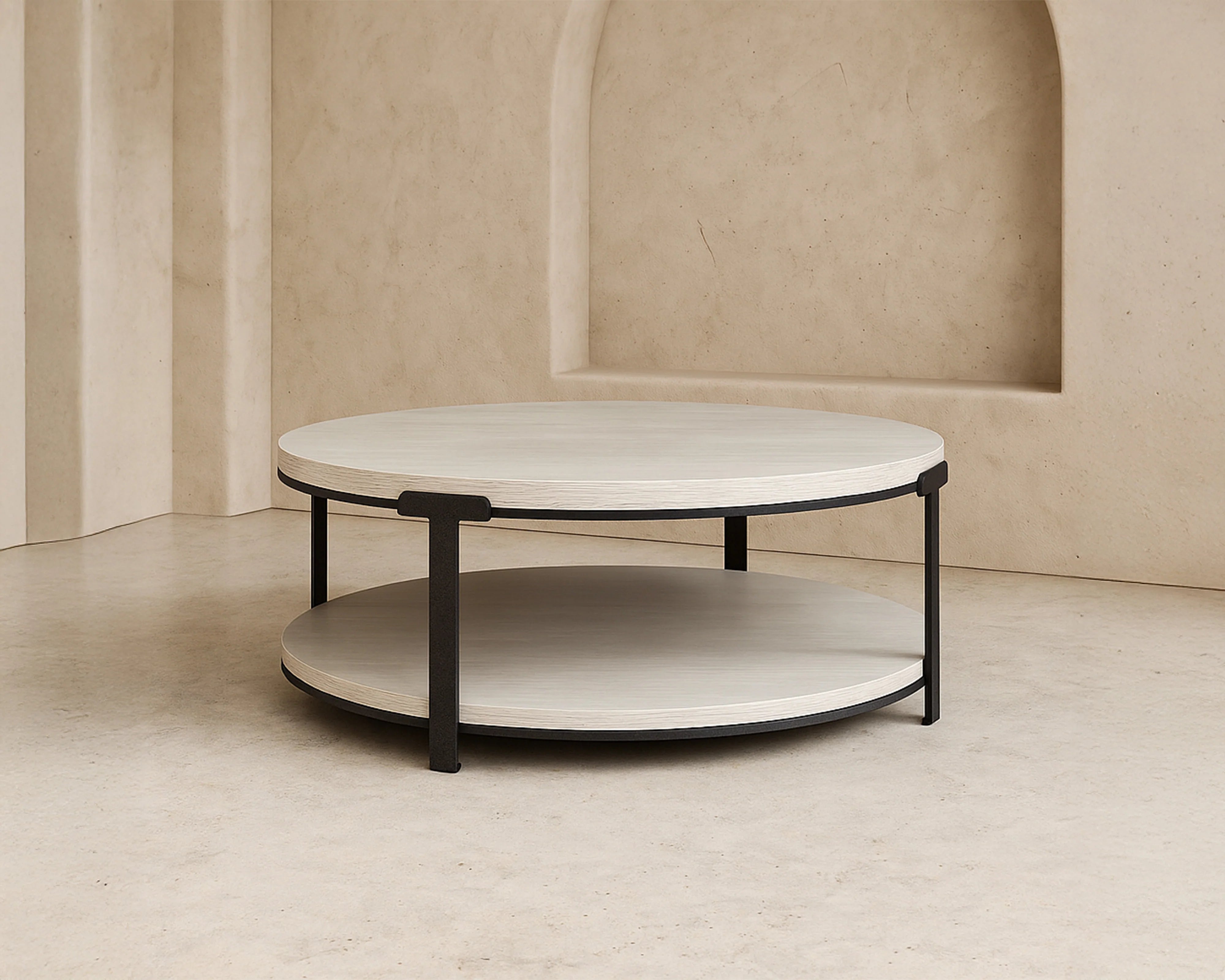 Alcana Cloud Stained Oak Wood & Black Metal Round Coffee Table
