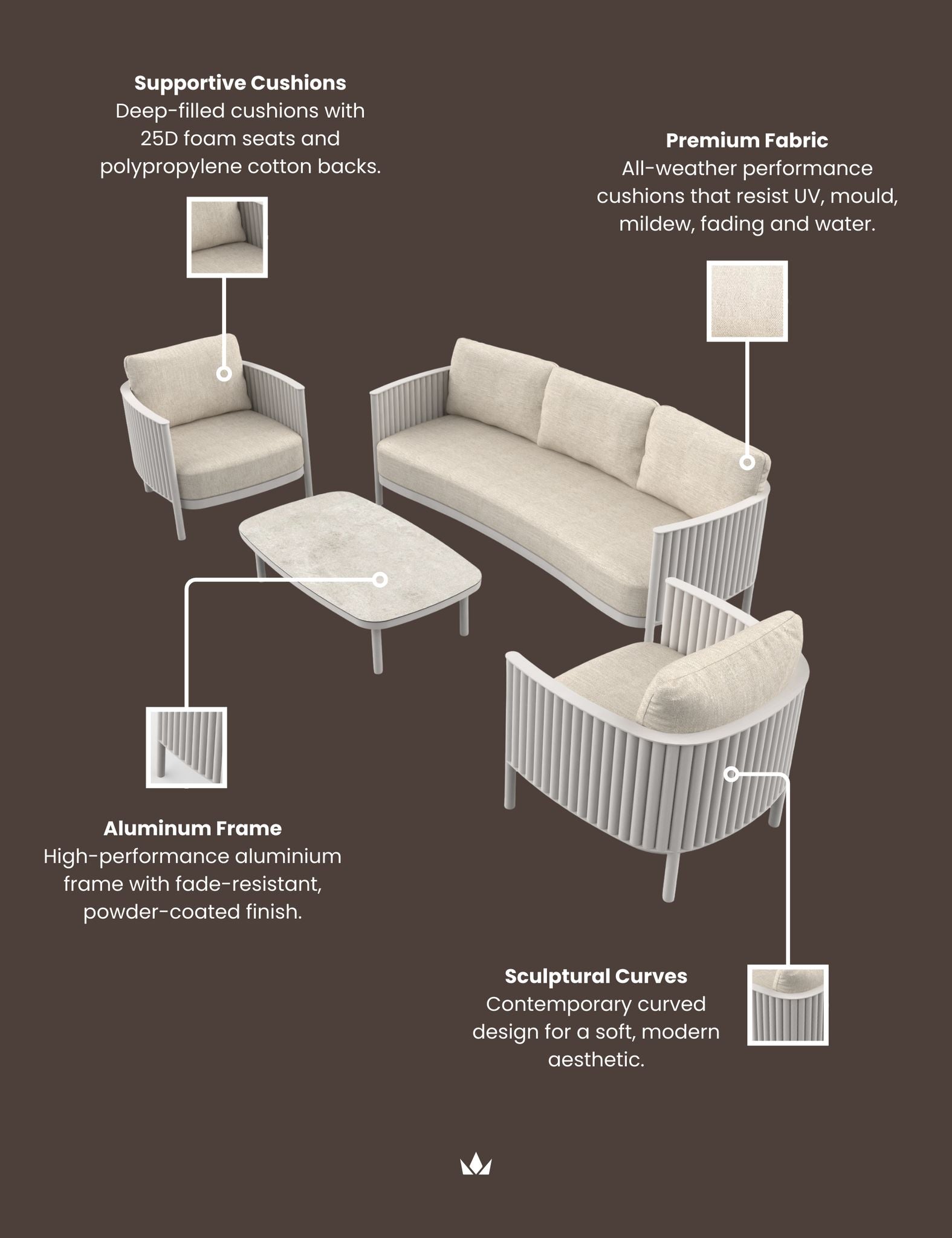 Mali 5 Seater White Lounging Set with Coffee Table