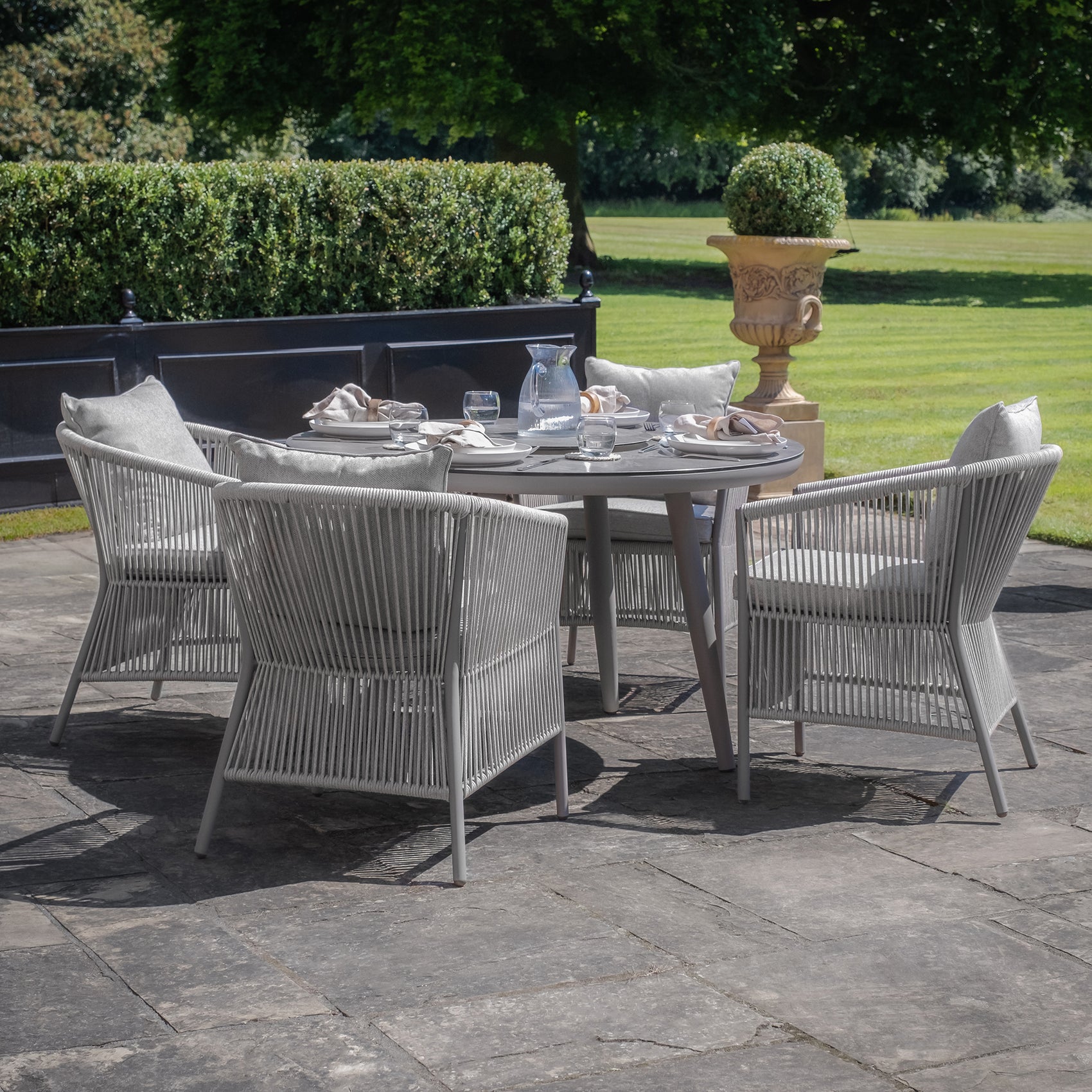 Maldives Grey Cool Linen Round Outdoor Dining Set with Lazy Susan | 4 Seater