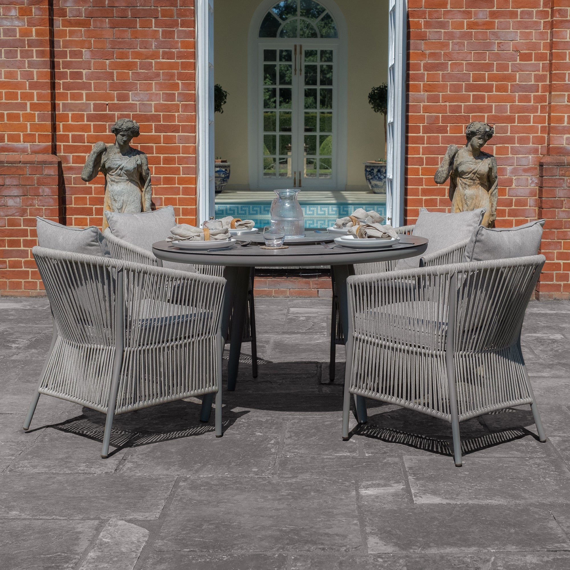 Maldives Grey Cool Linen Round Outdoor Dining Set with Lazy Susan | 4 Seater