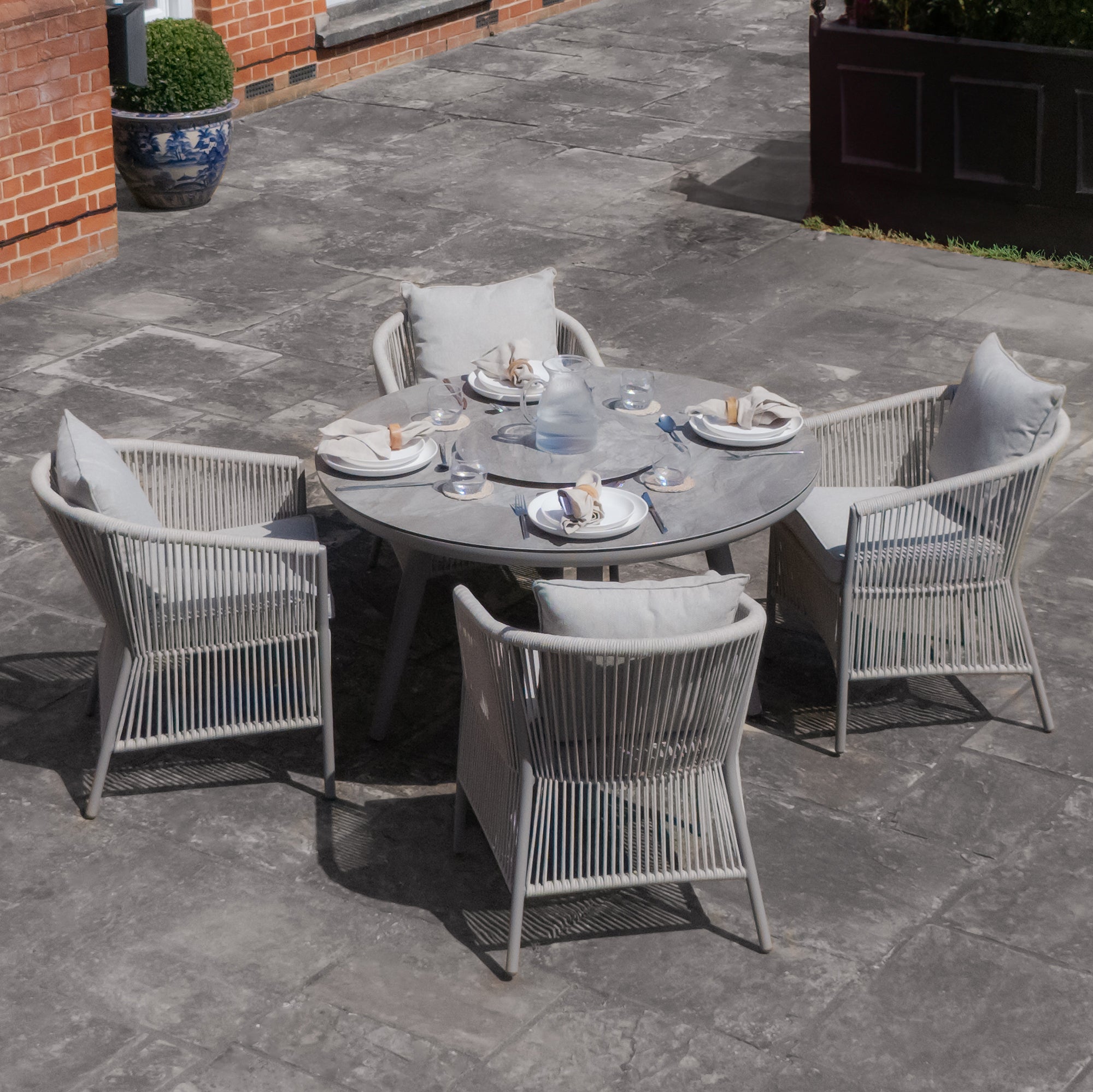 Maldives Grey Cool Linen Round Outdoor Dining Set with Lazy Susan | 4 Seater