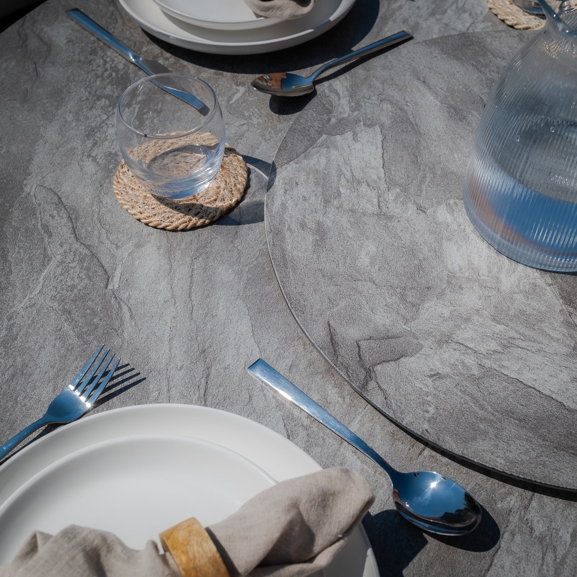 Maldives Grey Cool Linen Round Outdoor Dining Set with Lazy Susan | 4 Seater