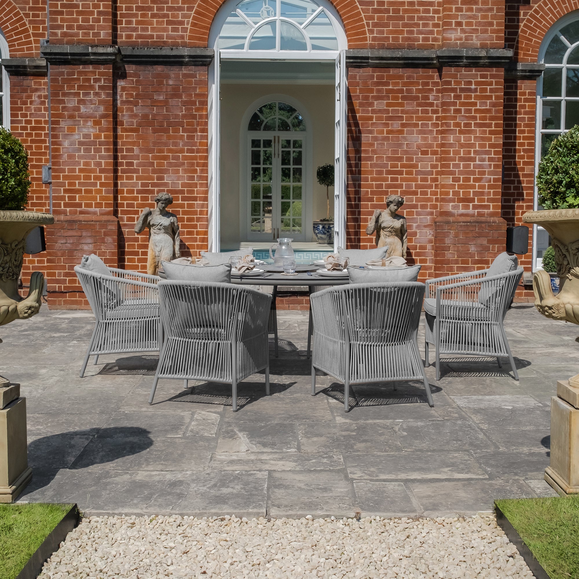 Maldives Grey Cool Linen Oval Outdoor Dining Set with Lazy Susan | 6 Seater