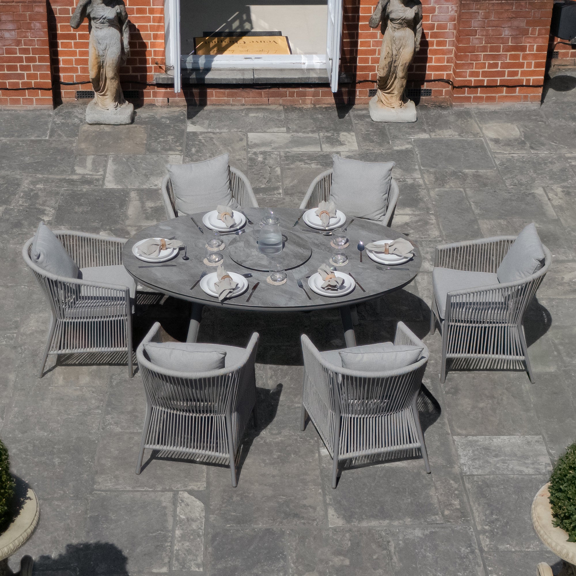 Maldives Grey Cool Linen Oval Outdoor Dining Set with Lazy Susan | 6 Seater