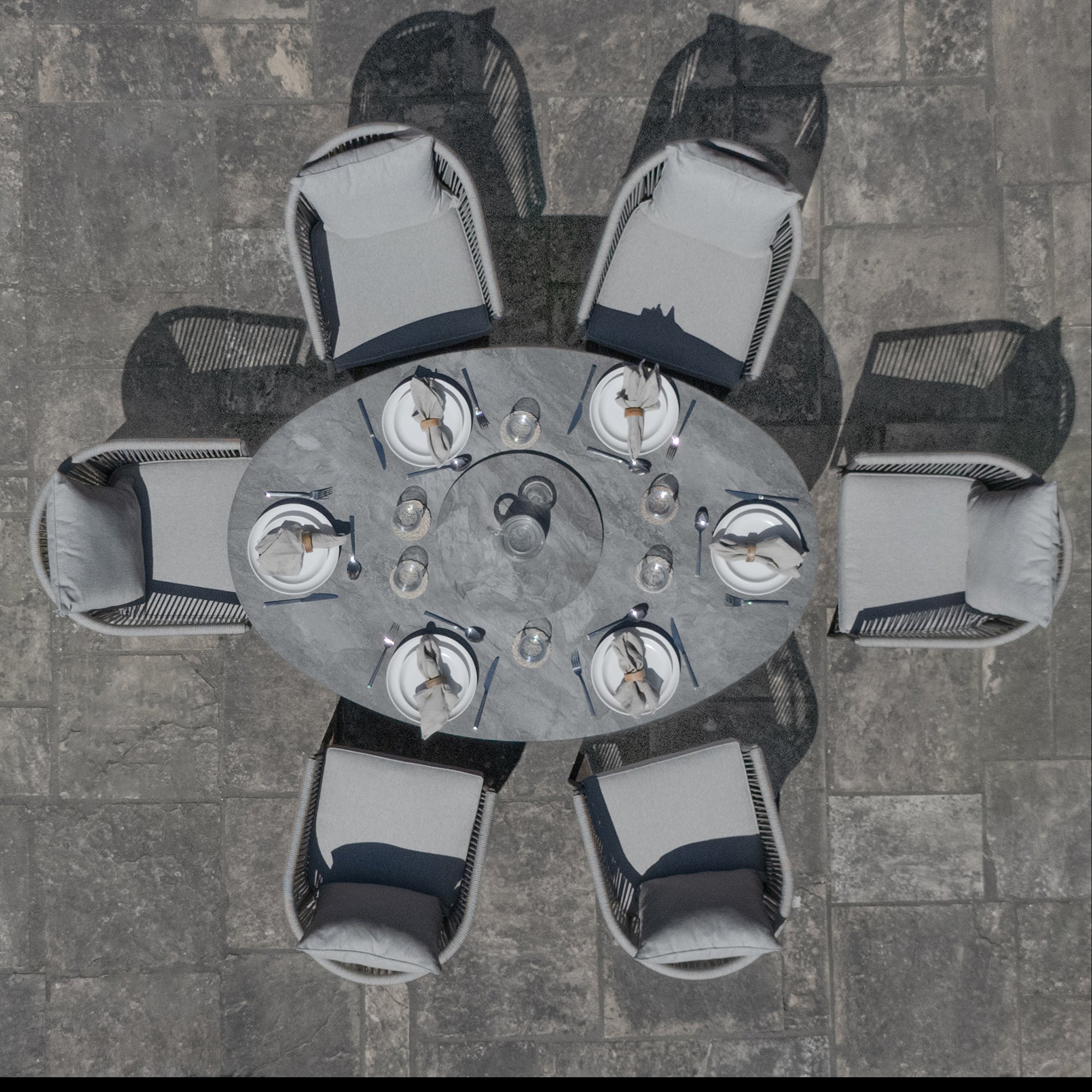 Maldives Grey Cool Linen Oval Outdoor Dining Set with Lazy Susan | 6 Seater
