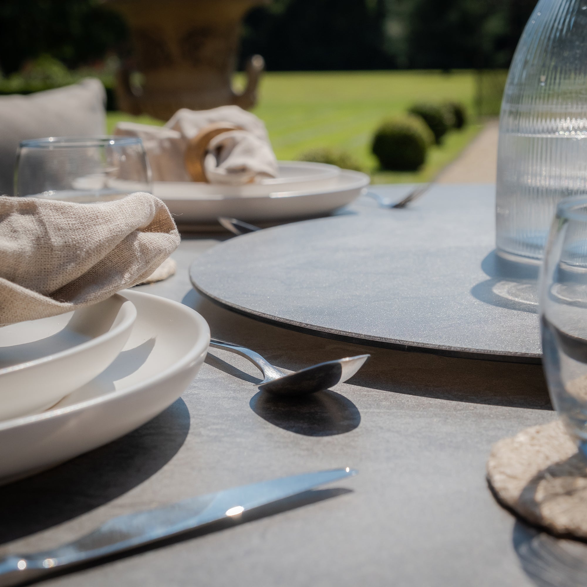 Maldives Grey Cool Linen Oval Outdoor Dining Set with Lazy Susan | 6 Seater